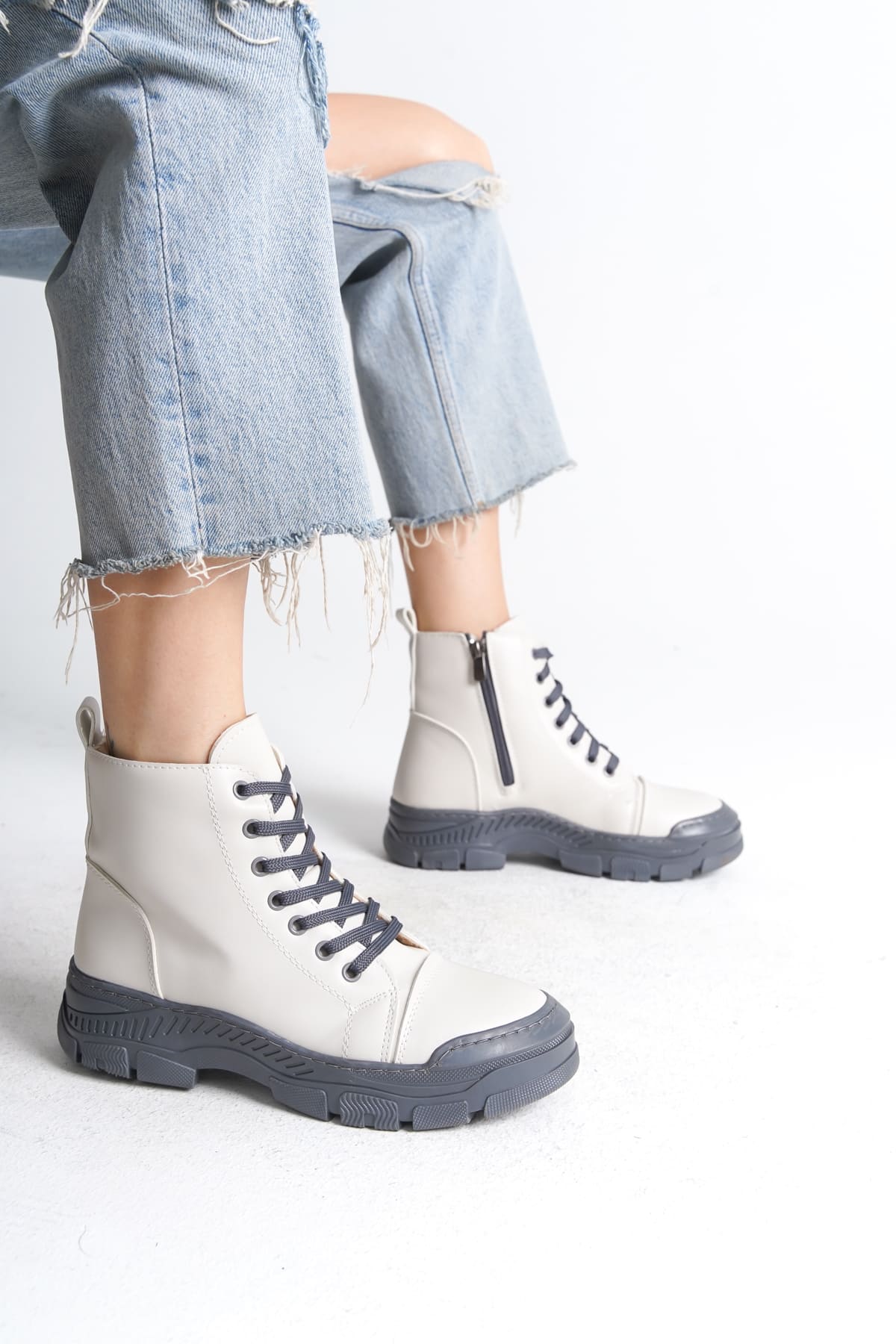 SULINA Lace-Up Zippered Orthopedic Sole Women's Boots - Cream Gray