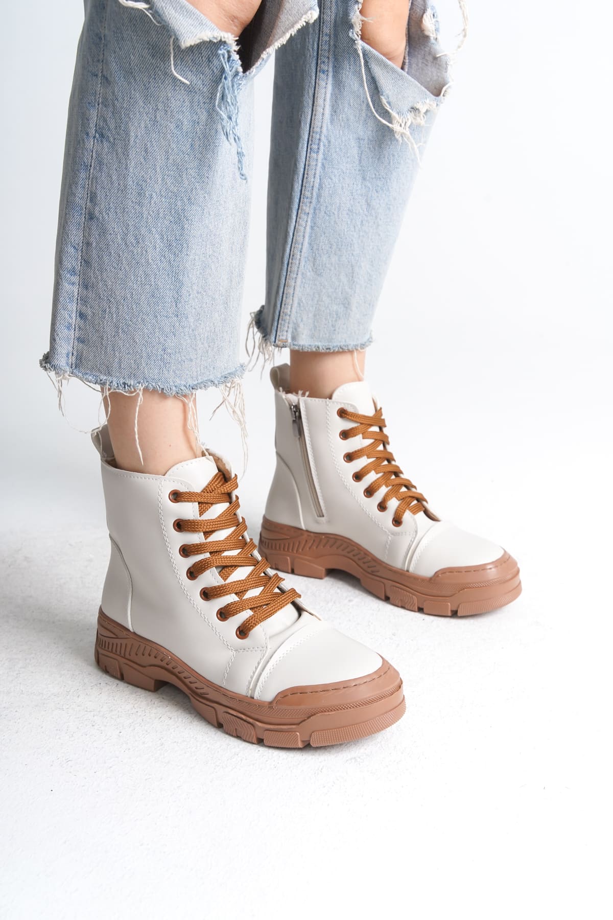 SULINA Lace-Up Zippered Orthopedic Sole Women's Boots - Cream Tan
