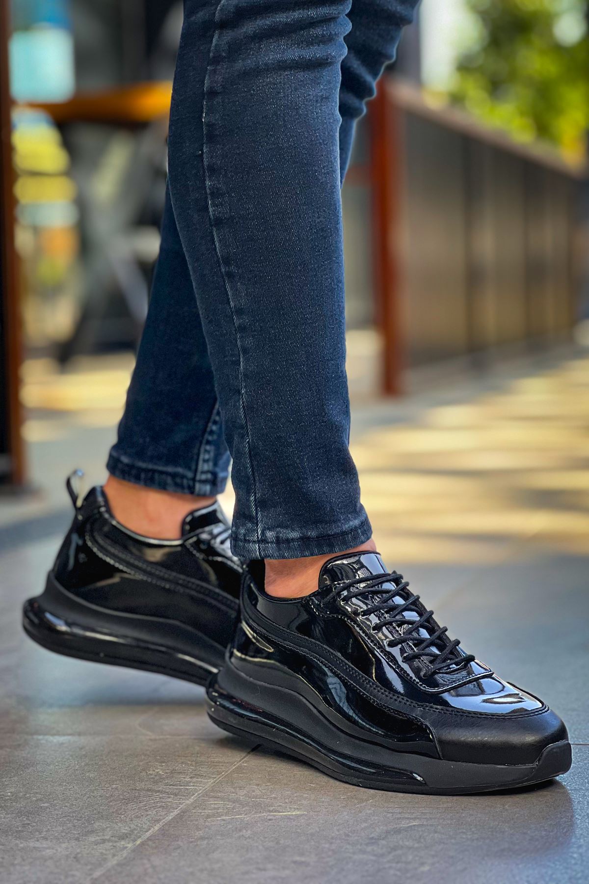 First Premium Özel Taban Erkek Sneaker Siyah Rugan
