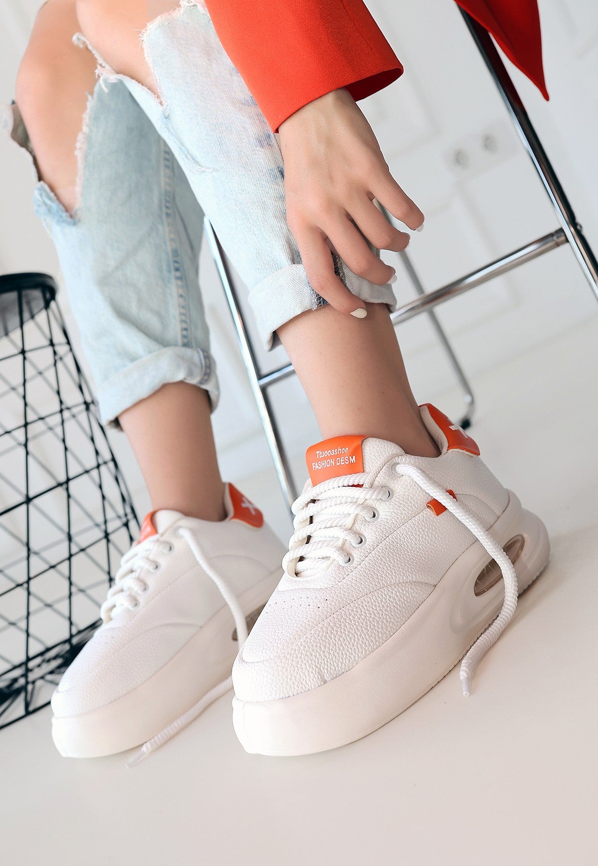 Chris Premium Beyaz Turuncu Detaylı Bağcıklı Air Spor Ayakkabı