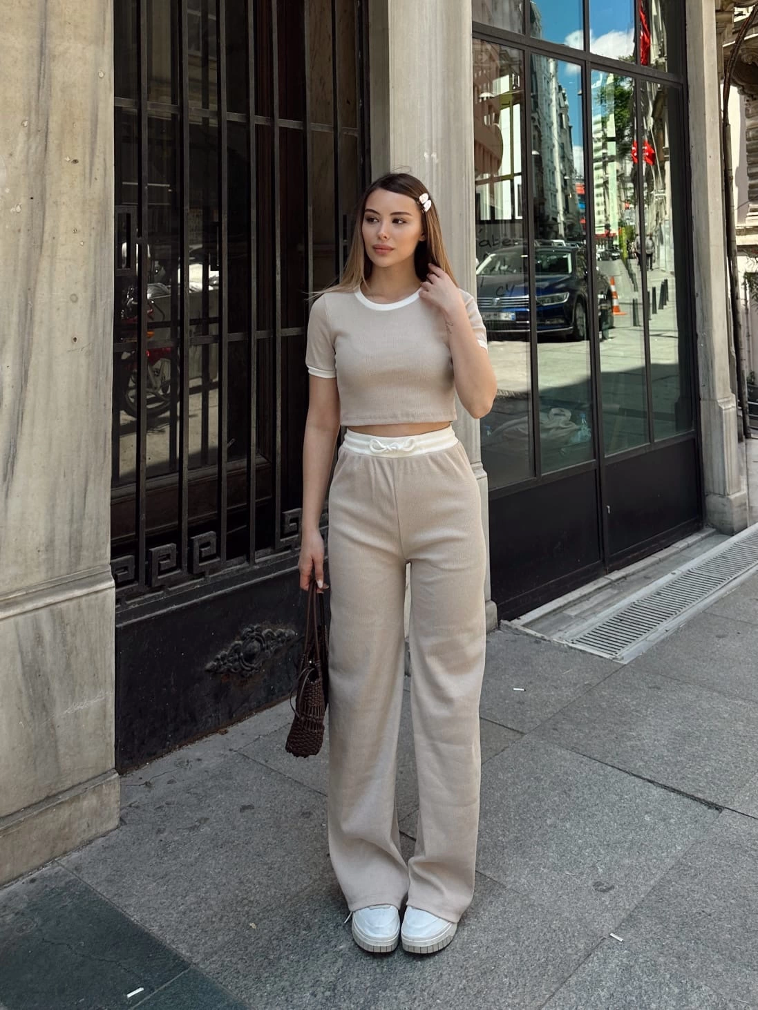 Crop Pantolon Biyeli Alt Üst Takım Bej