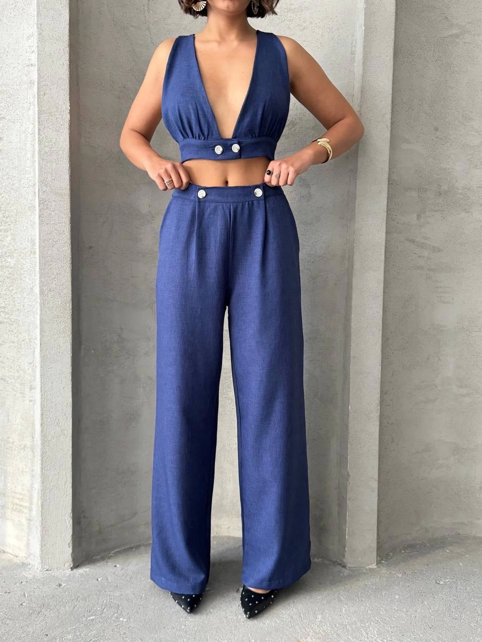 Crop Pantolon Keten Takım Laci