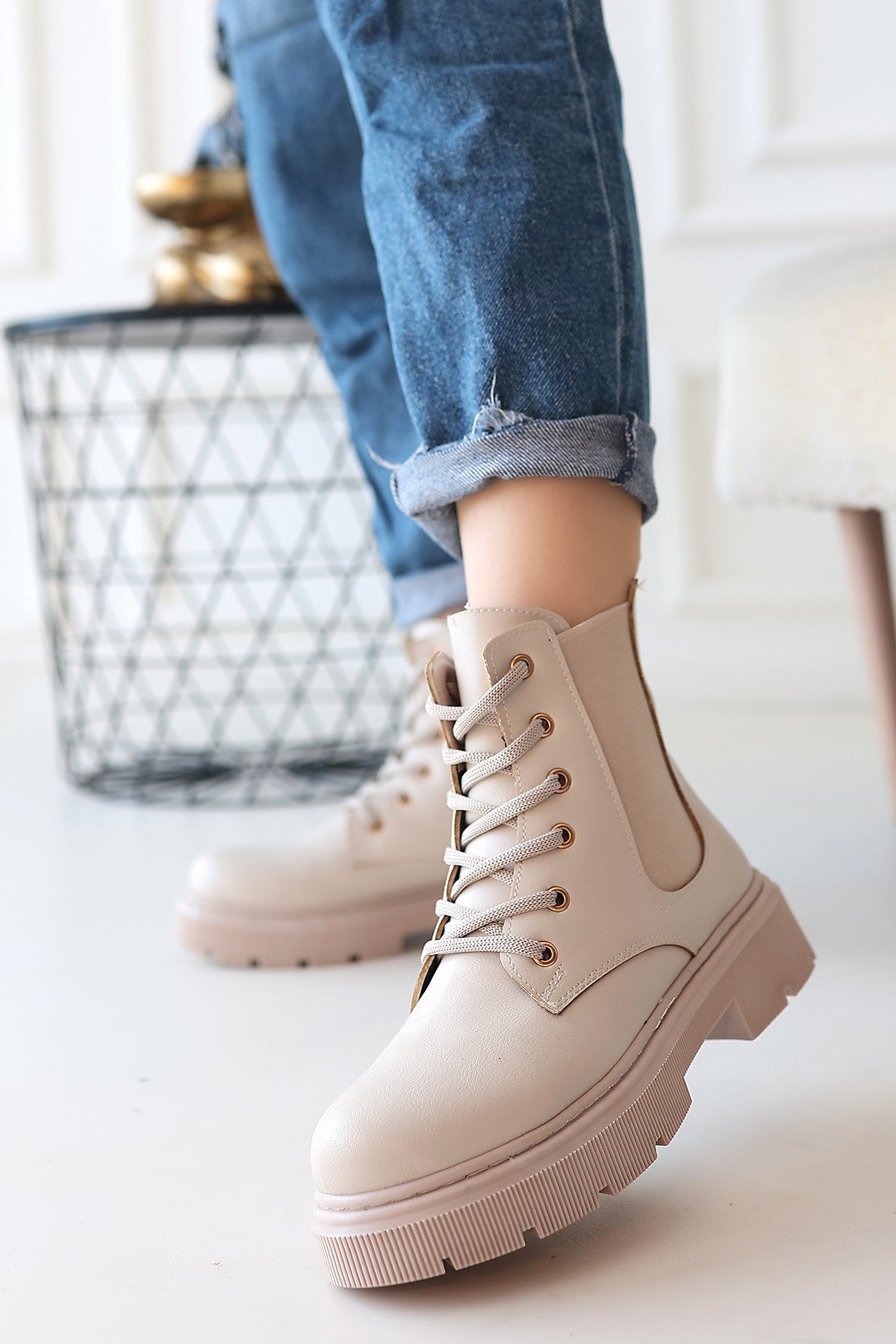 Daum Beige Lace-Up Zippered Women's Boots