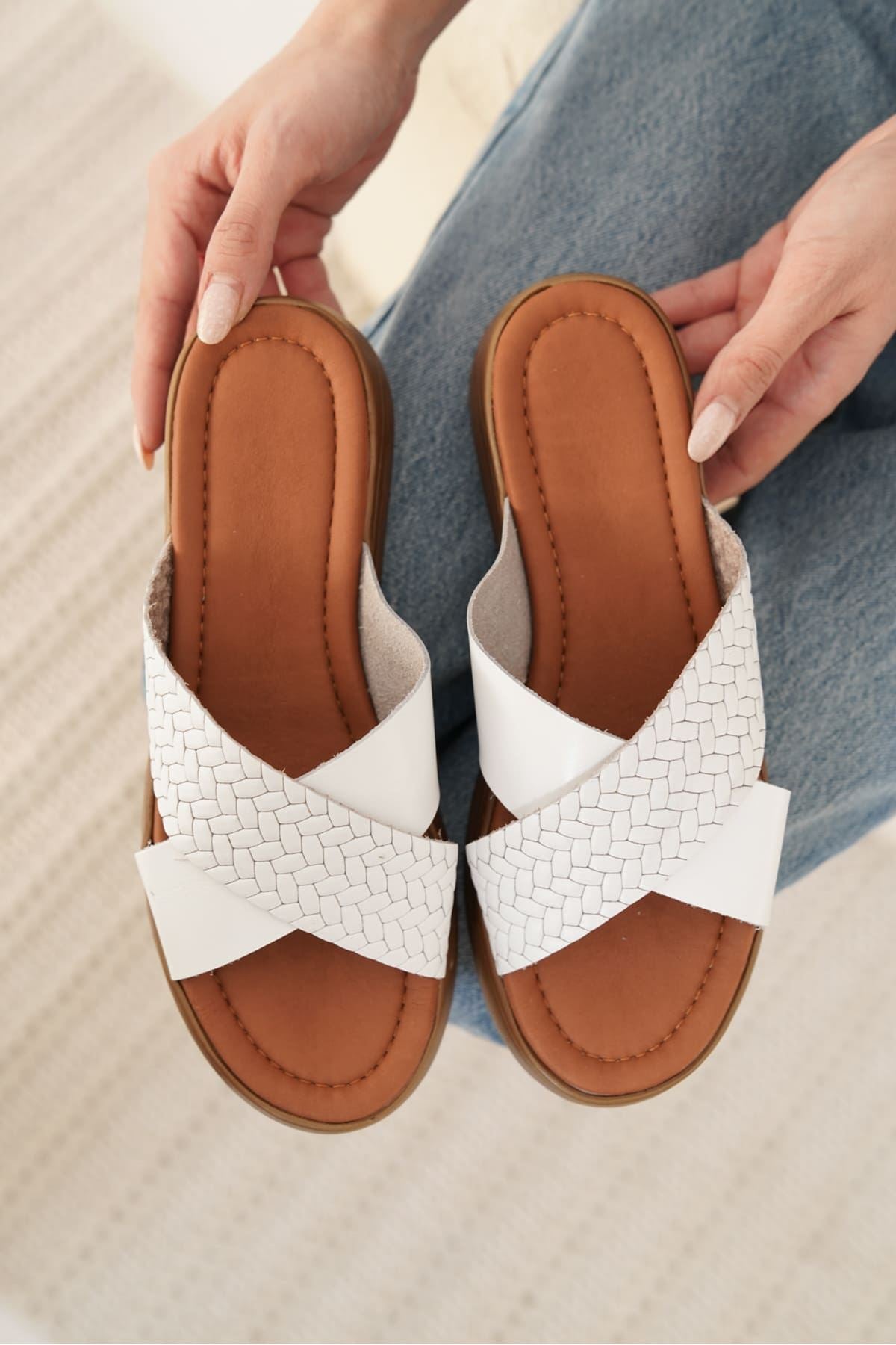 Fayn Premium White Braided Genuine Leather Slippers