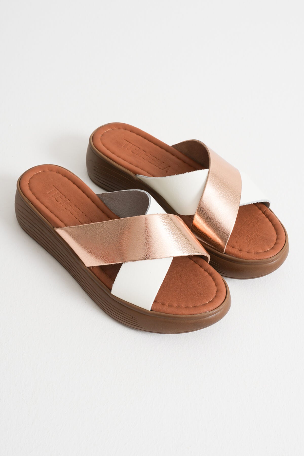Fayn Premium Flat Genuine Leather White Slippers