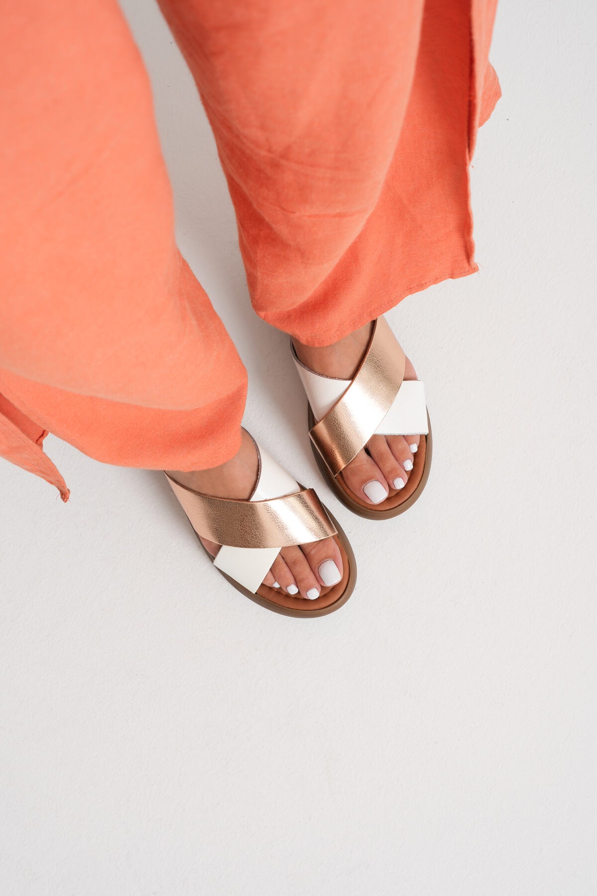 Fayn Premium Flat Genuine Leather White Slippers