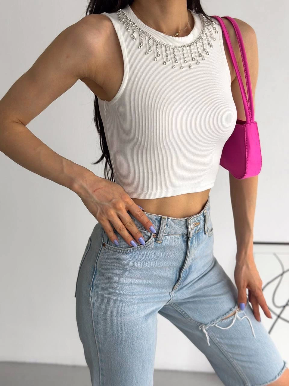 Ribbed Camisole with Chain Collar Undershirt White