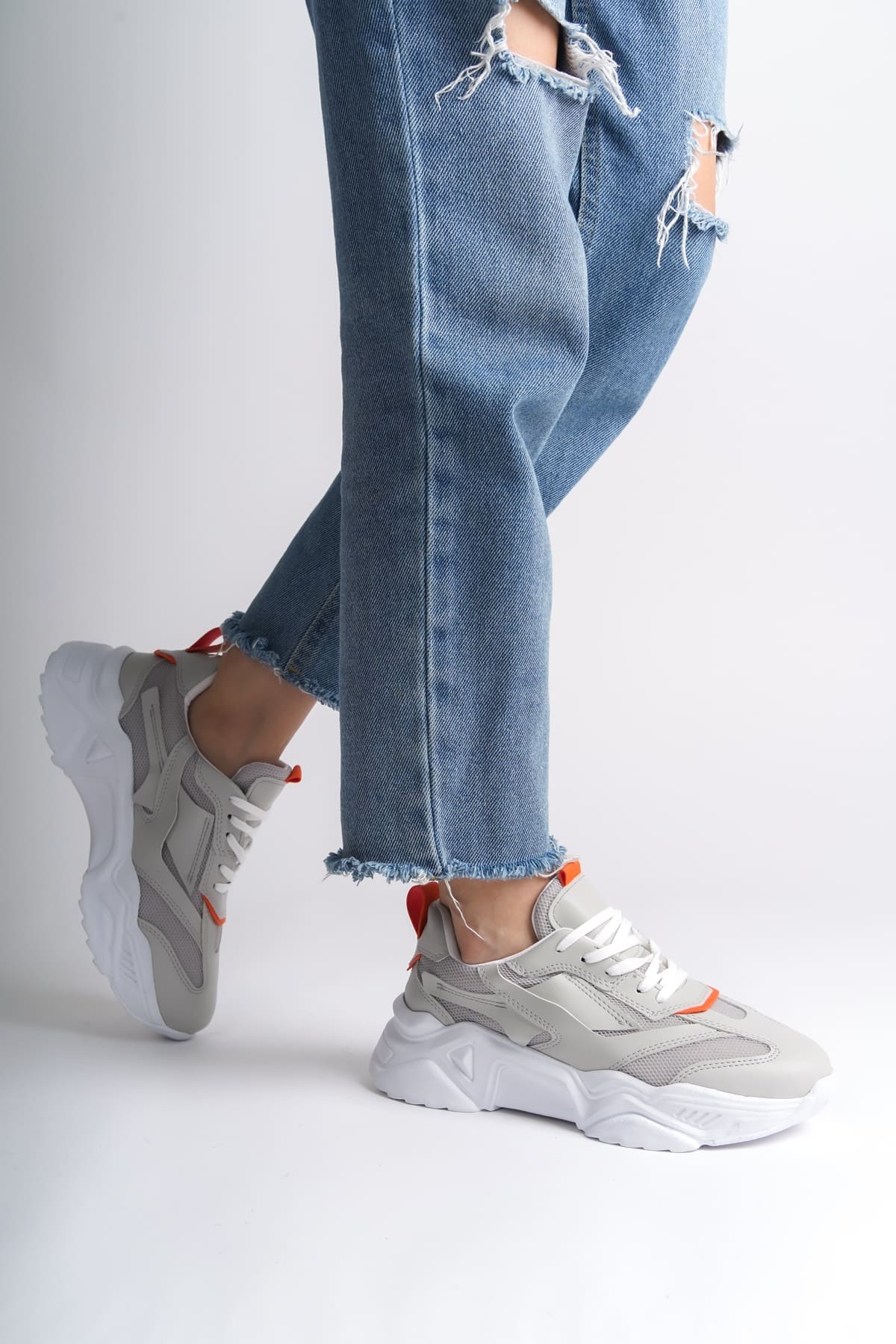 FlexStep Ortopedik Tabanlı Triko Spor Ayakkabı Gri Turuncu