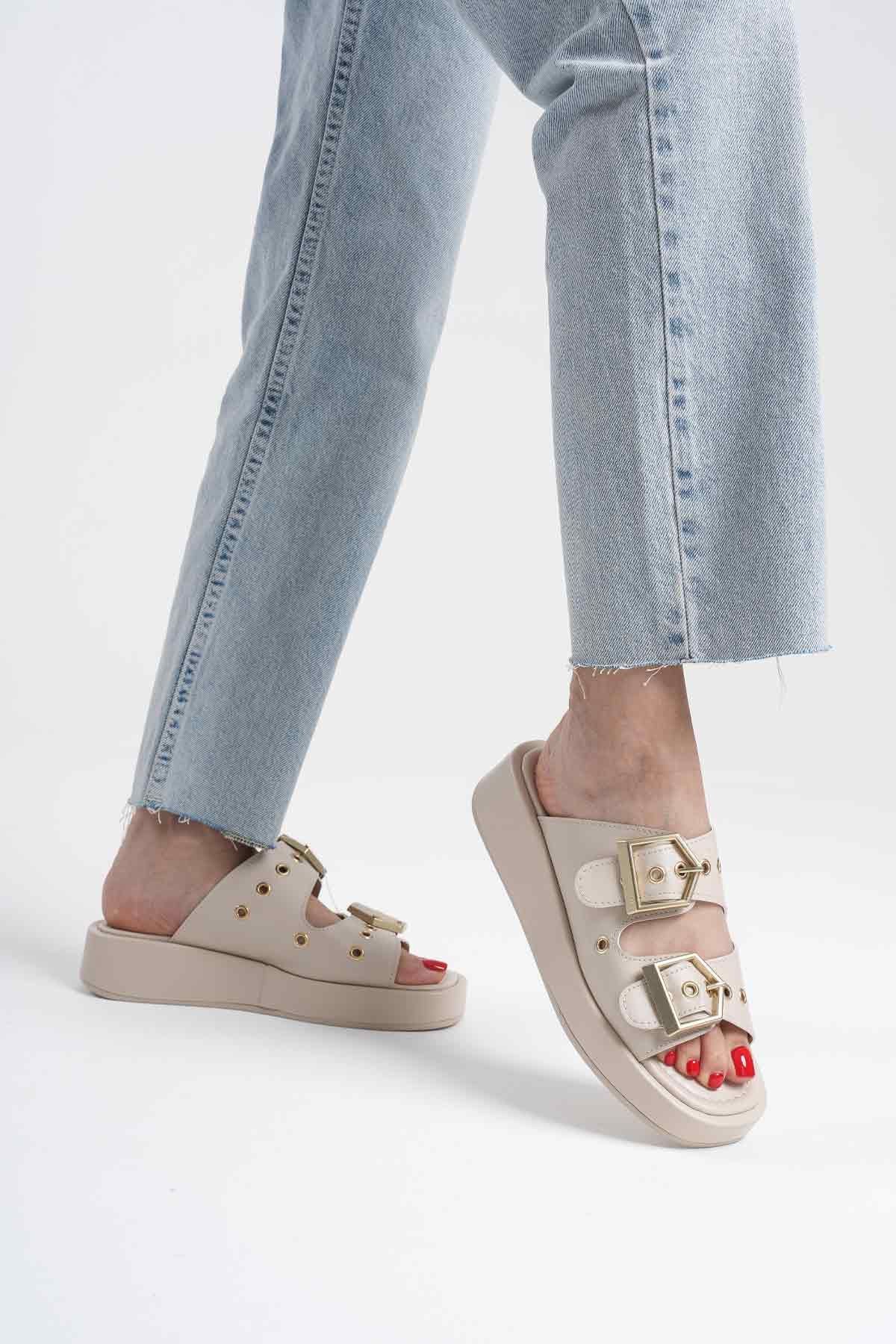Glos Premium Double Buckled Beige Women's Slippers