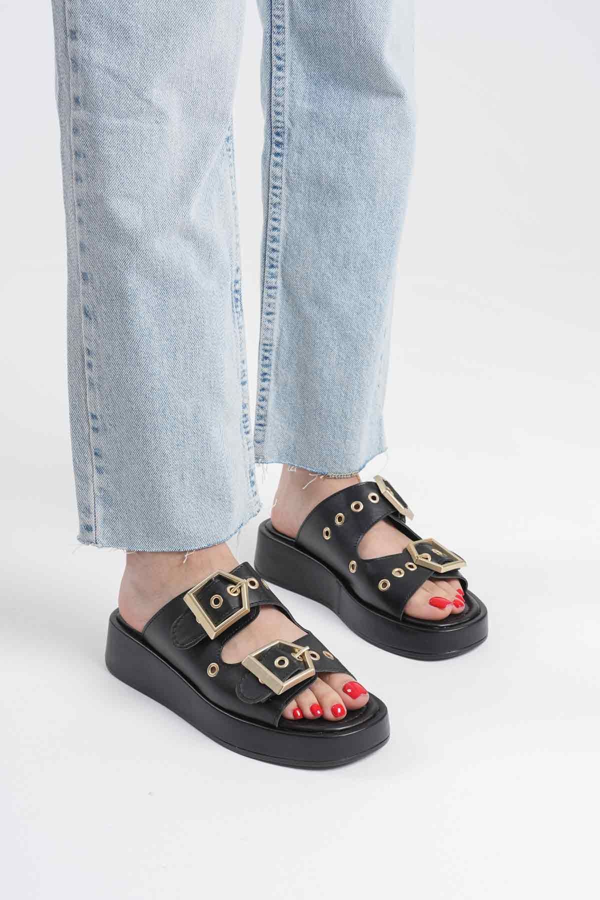 Glos Premium Double Buckled Black Women's Slippers