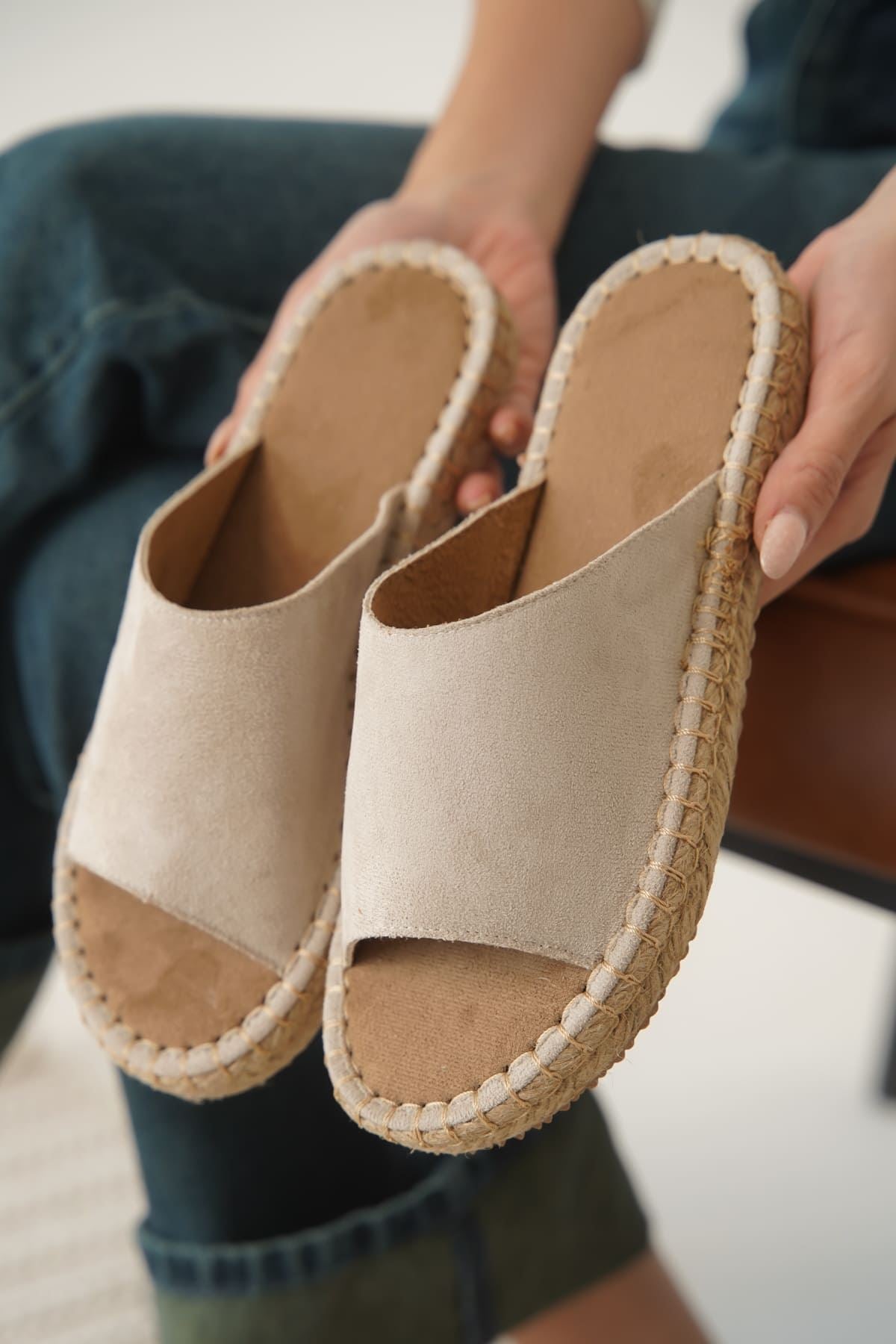 Grey Premium Suede Beige Women's Slippers