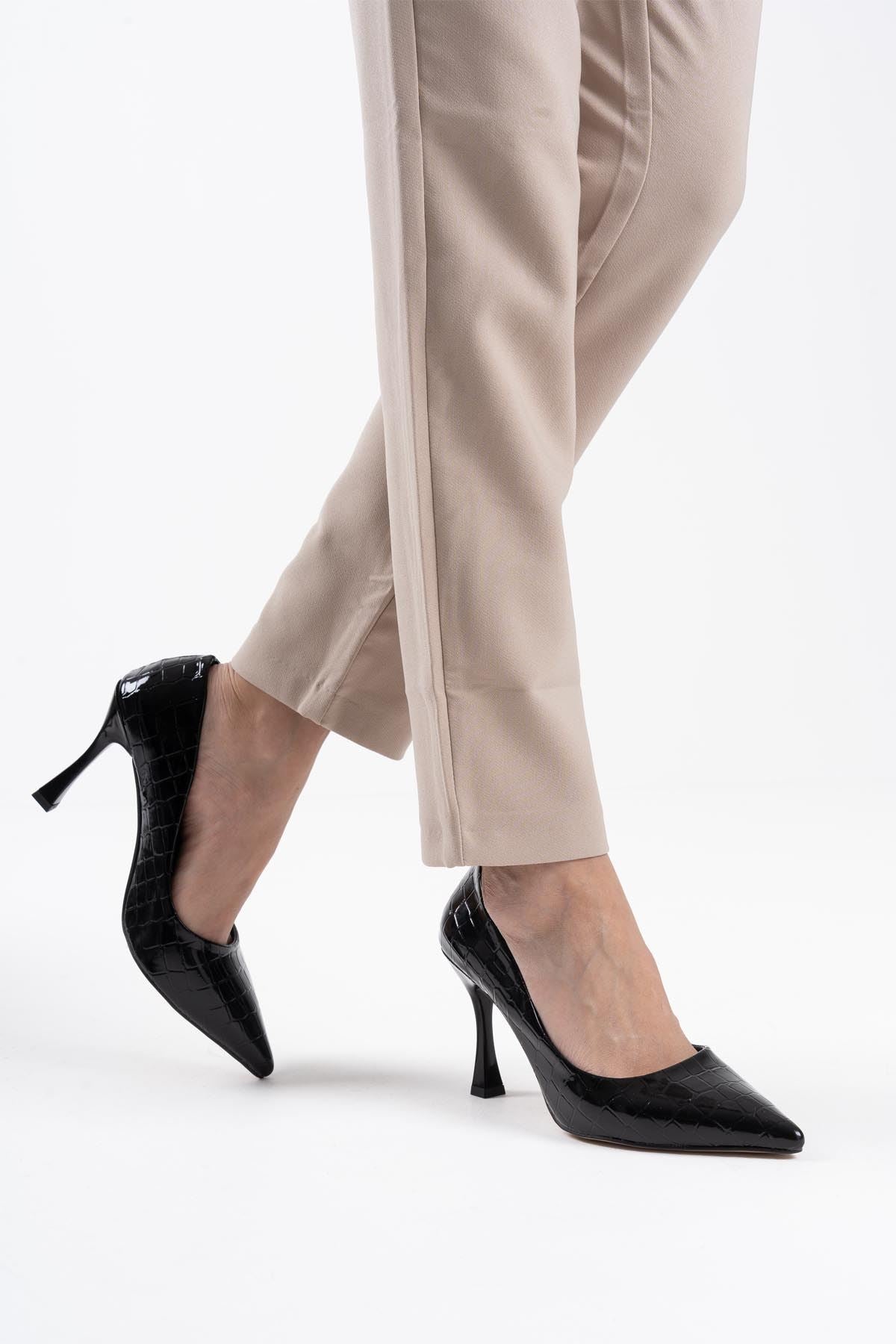 Harper Premium Kadın Siyah Kroko Rugan Stiletto