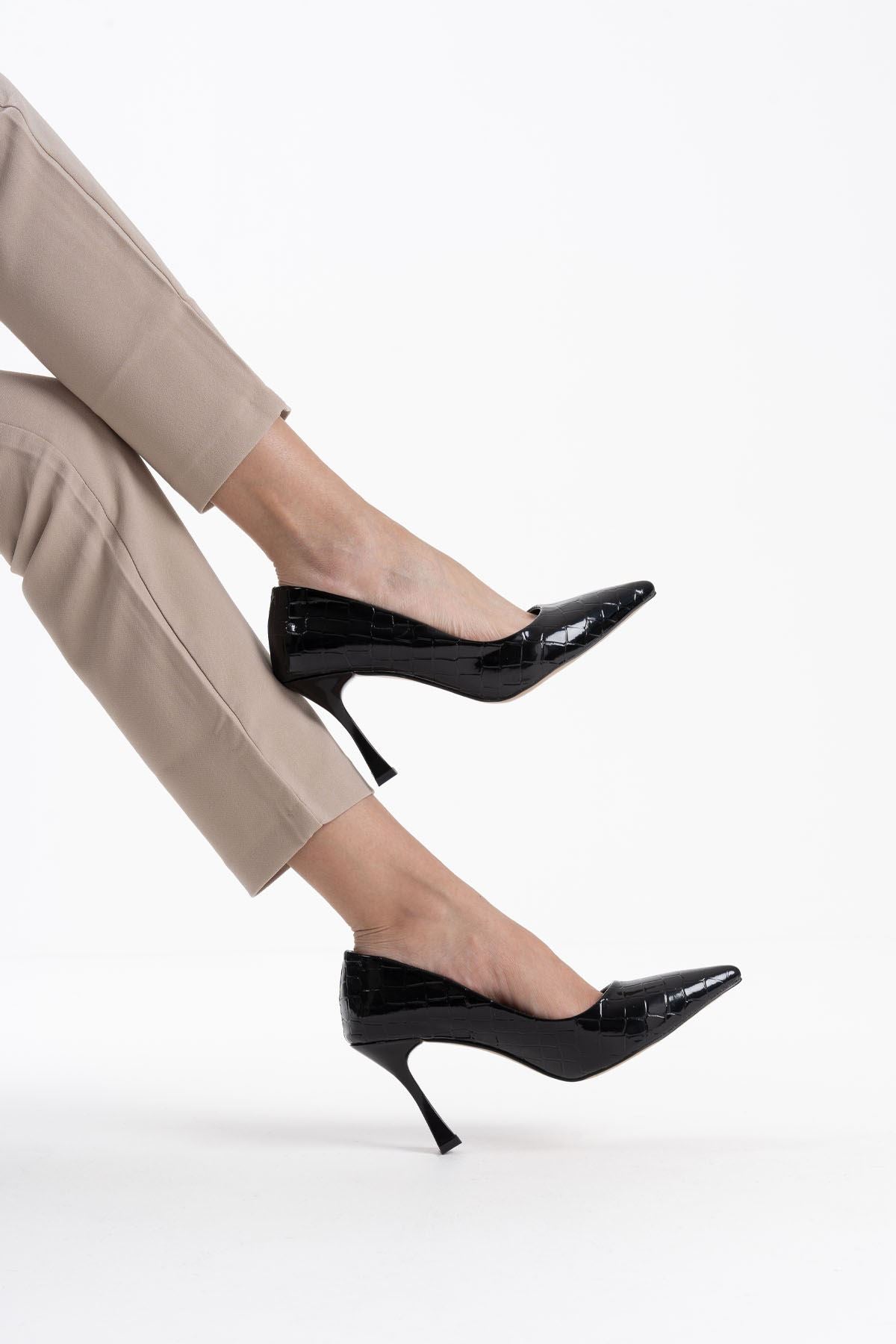 Harper Premium Kadın Siyah Kroko Rugan Stiletto