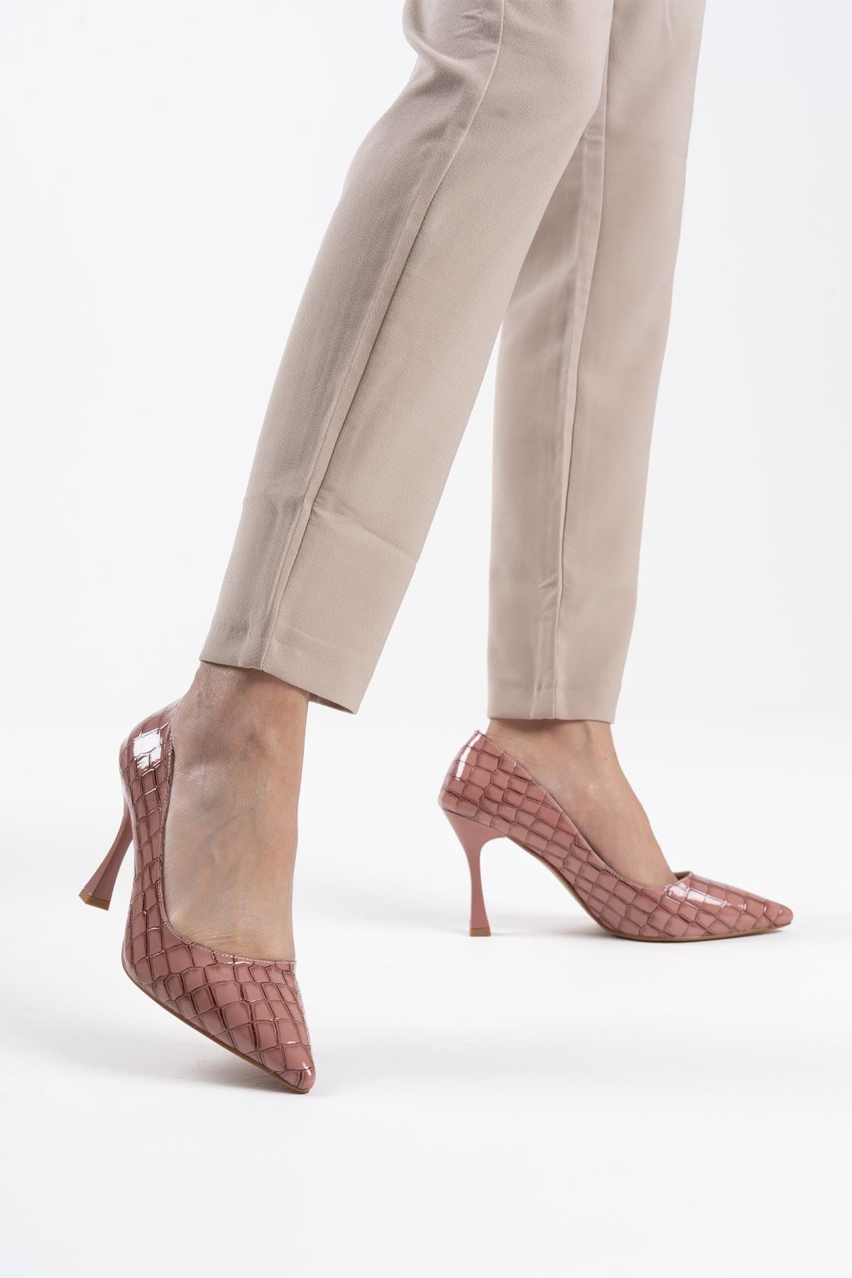 Harper Premium Kadın Somon Kroko Rugan Stiletto
