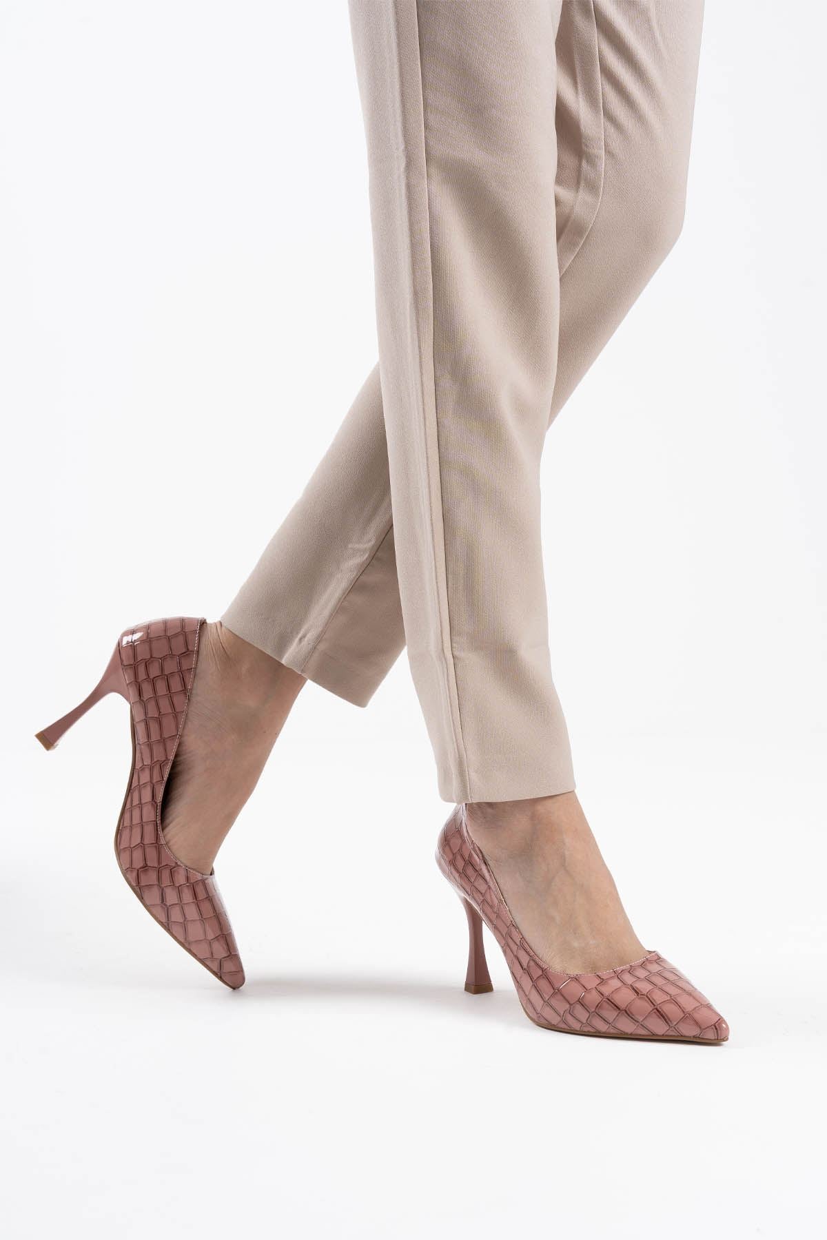 Harper Premium Kadın Somon Kroko Rugan Stiletto