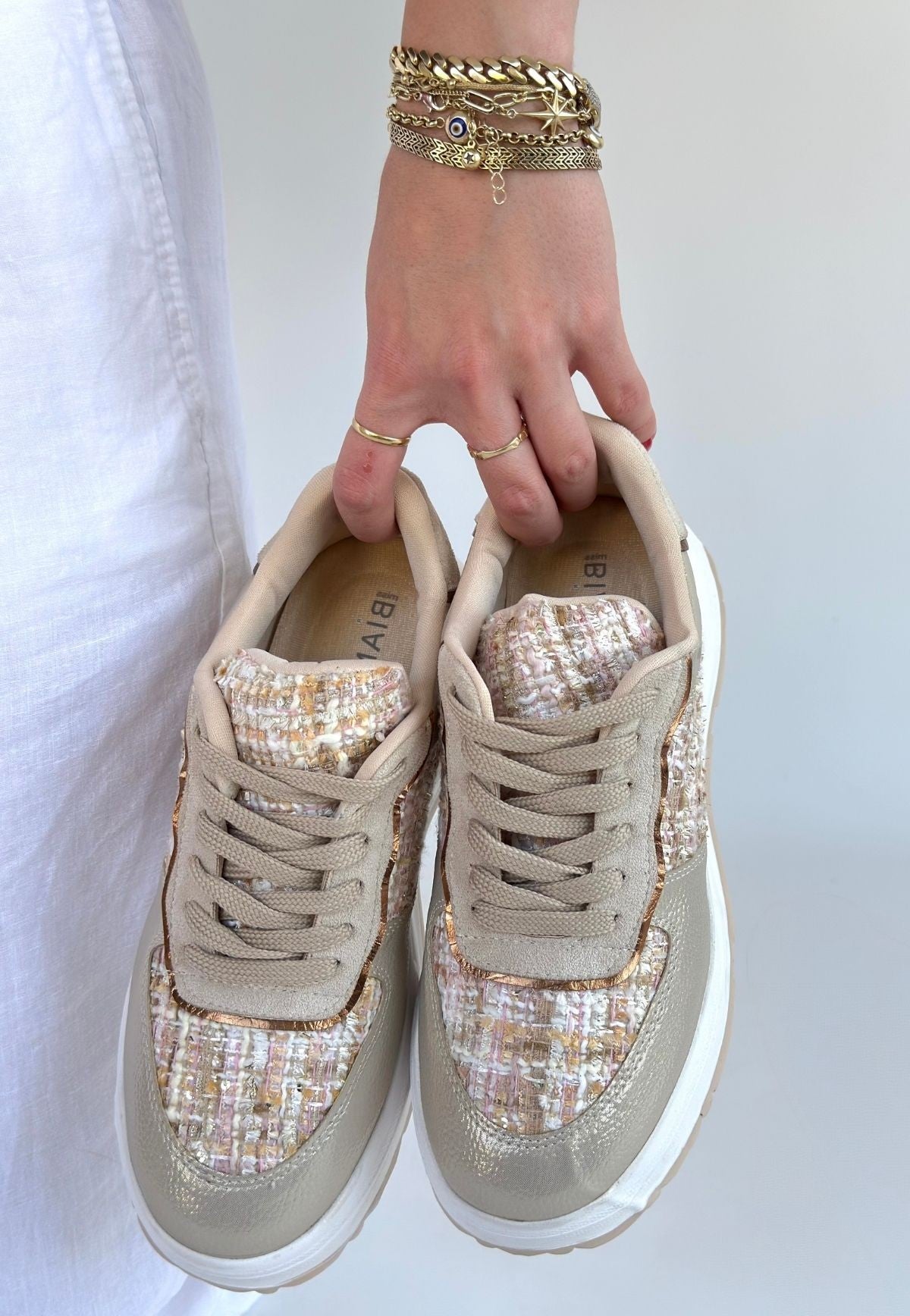 Hawer Premium Bej Bağcıklı Kumaş Detaylı Spor Ayakkabı