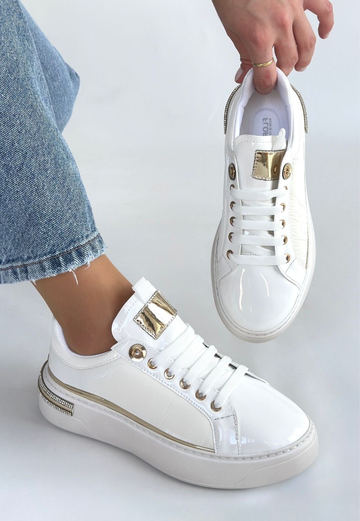 Hley Premium  Beyaz Rugan Paraşüt Detaylı Bağcıklı Spor Ayakkabı