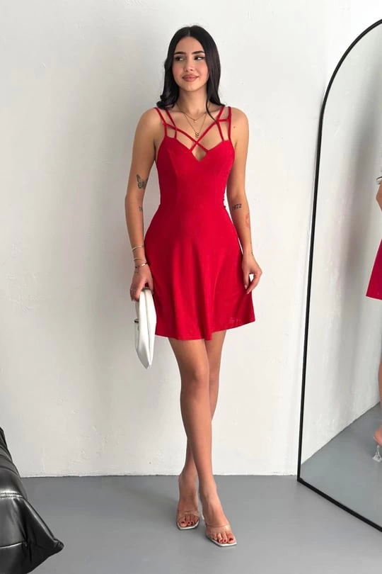 İnce Çift Askılı Mini Elbise Kırmızı
