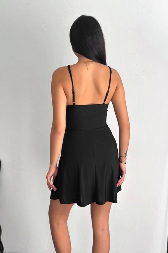 İnce Çift Askılı Mini Elbise Siyah