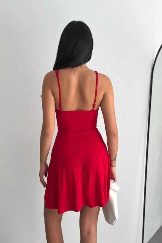 İnce Çift Askılı Mini Elbise Kırmızı