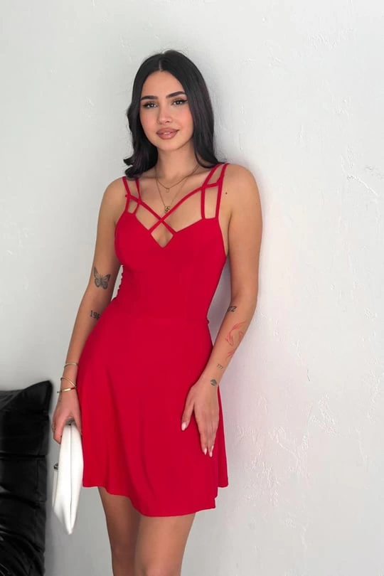 İnce Çift Askılı Mini Elbise Kırmızı