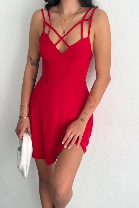 İnce Çift Askılı Mini Elbise Kırmızı