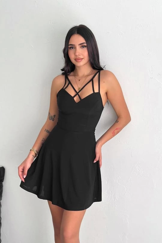 İnce Çift Askılı Mini Elbise Siyah