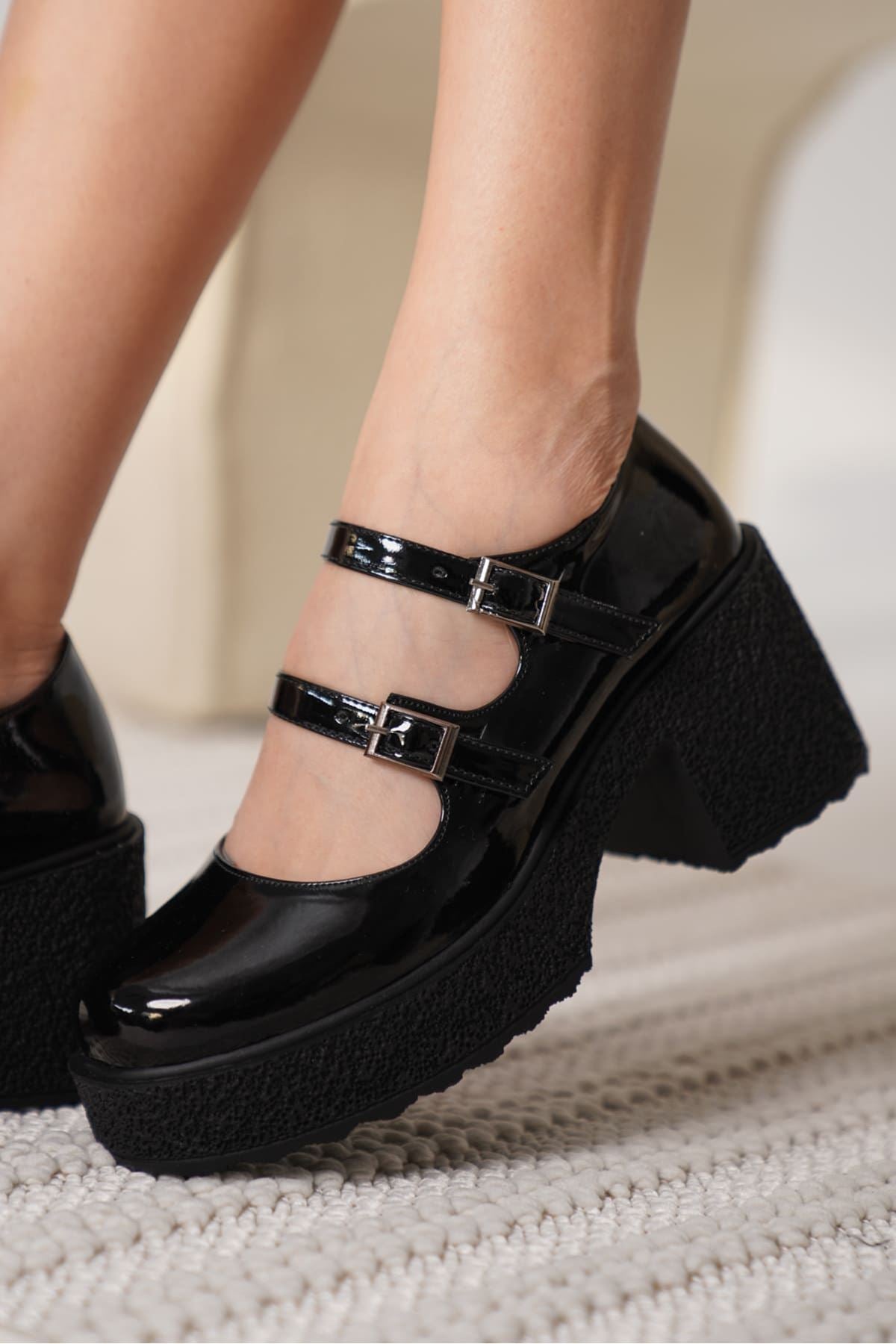 Jasmine Premium Kadın Siyah Rugan Günlük Platform Topuklu Çift Baretli Loafer Ayakkabı