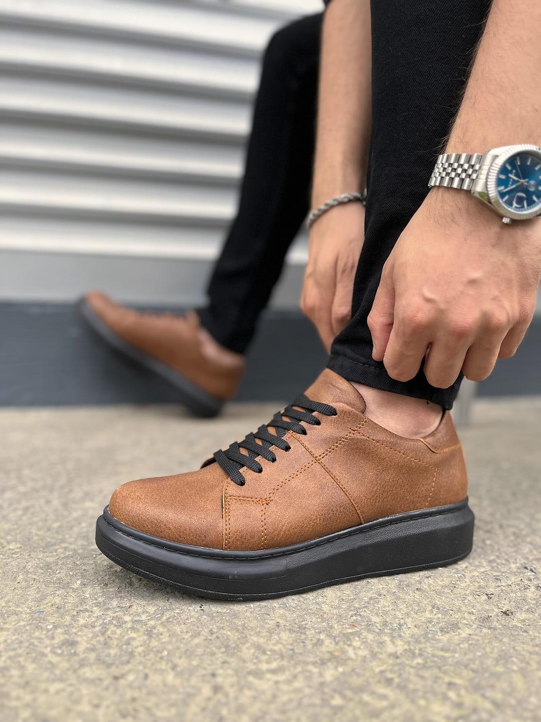 JY151 Boost Bağcıklı Erkek Günlük Sneaker Ayakkabı - Taba Siyah