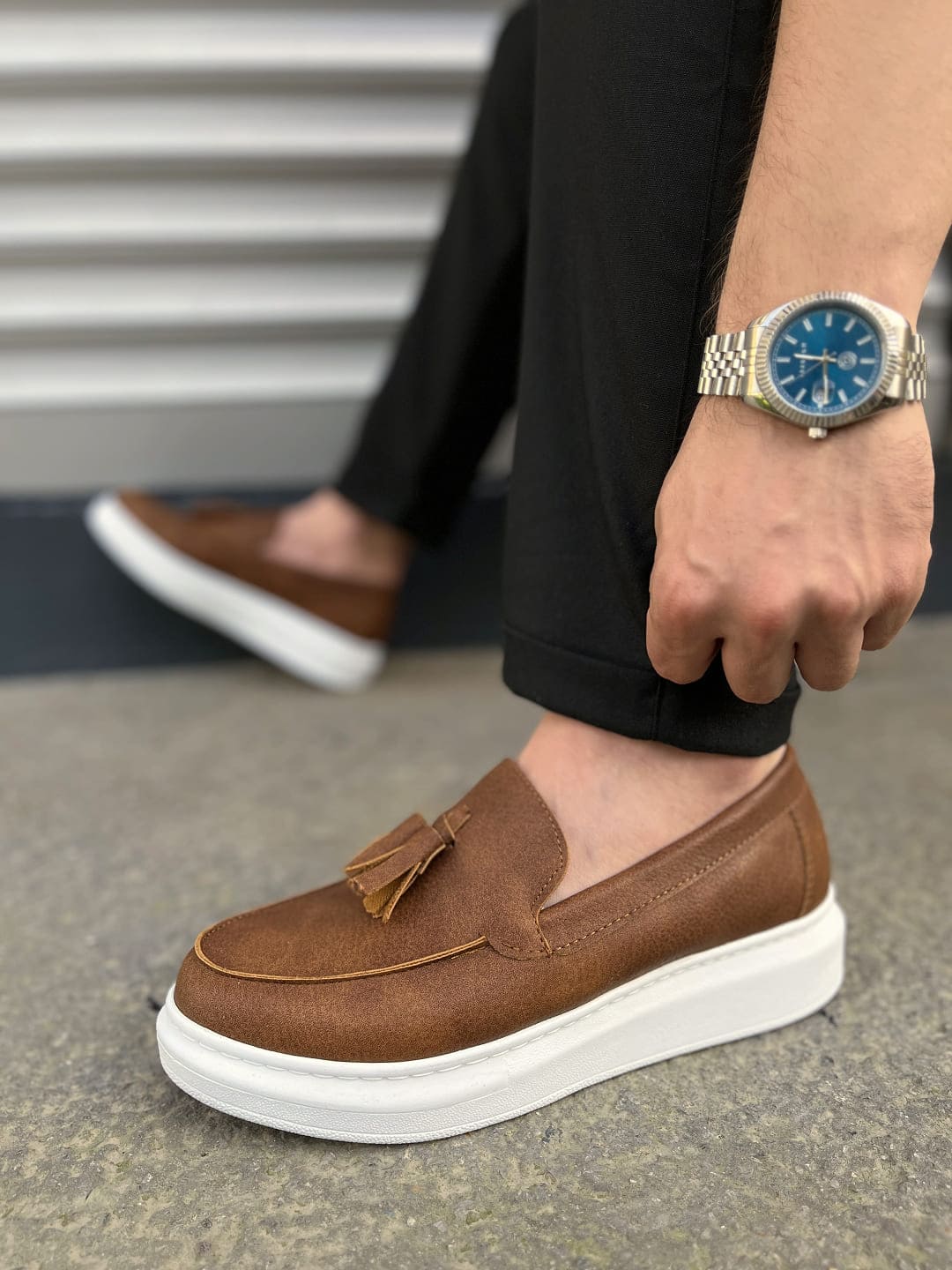 JY154 Blaze Bağcıksız Püsküllü Erkek Günlük Klasik Ayakkabı - Vegan Deri Taba Beyaz