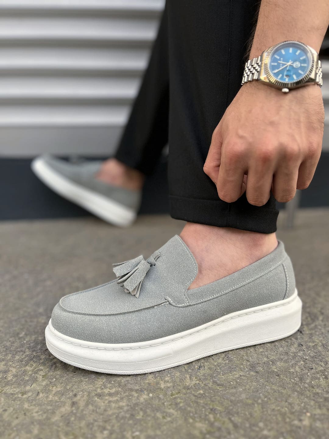 JY154 Blaze Bağcıksız Püsküllü Erkek Günlük Klasik Ayakkabı - Süet Gri