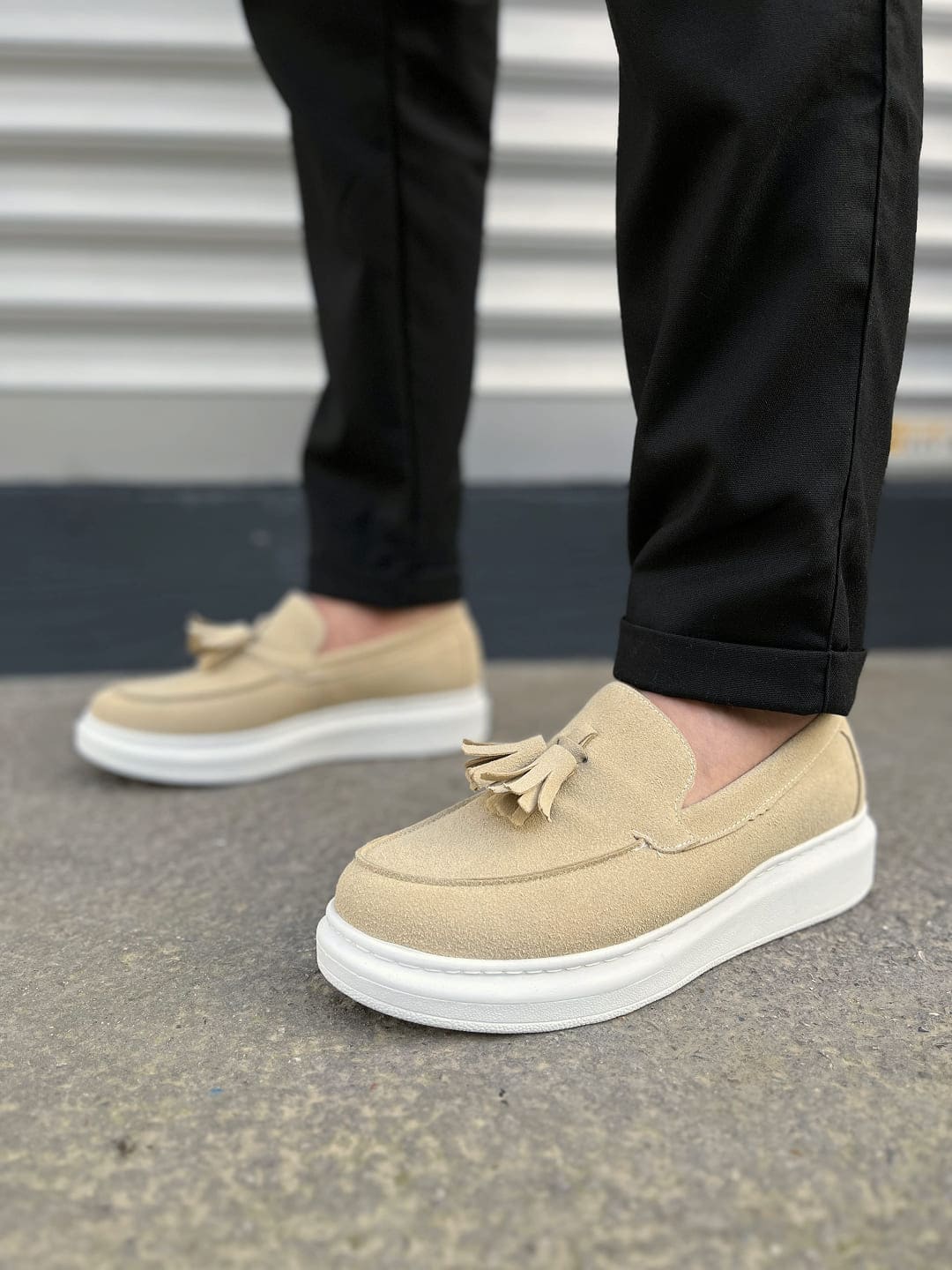 JY154 Blaze Bağcıksız Püsküllü Erkek Günlük Klasik Ayakkabı - Süet Krem