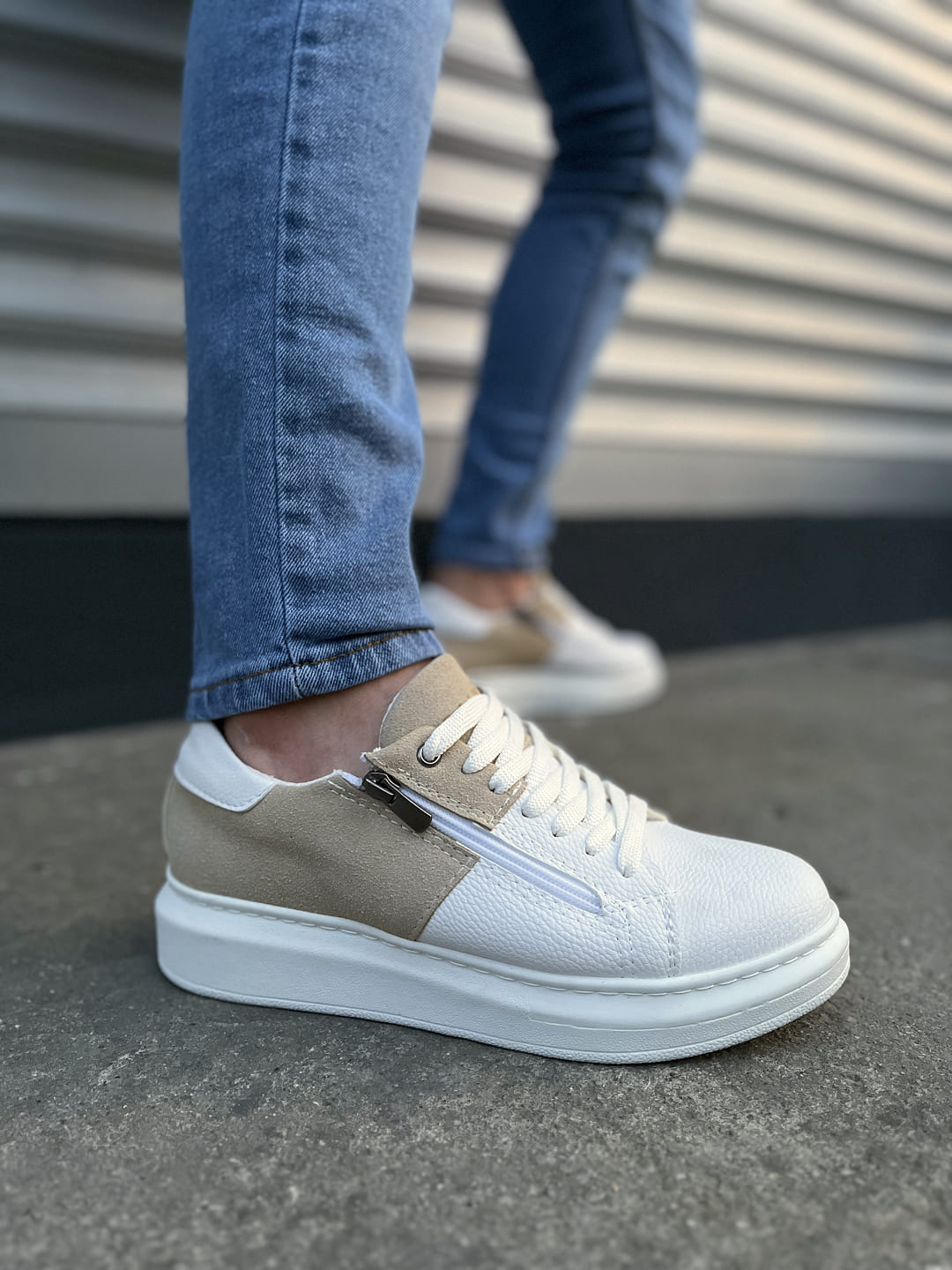 JY155 Warrior Bağcıklı ve Fermuarlı Erkek Günlük Casual Sneaker Ayakkabı - Süet Beyaz Krem