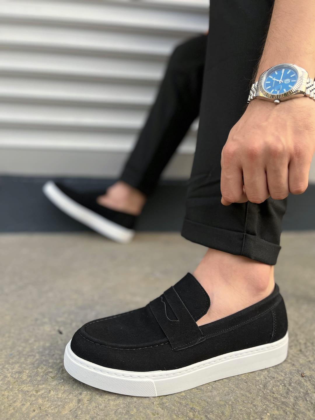 JY180 Estilo X Bağcıksız Süet Erkek Günlük Spor Klasik Ayakkabı - Siyah Beyaz