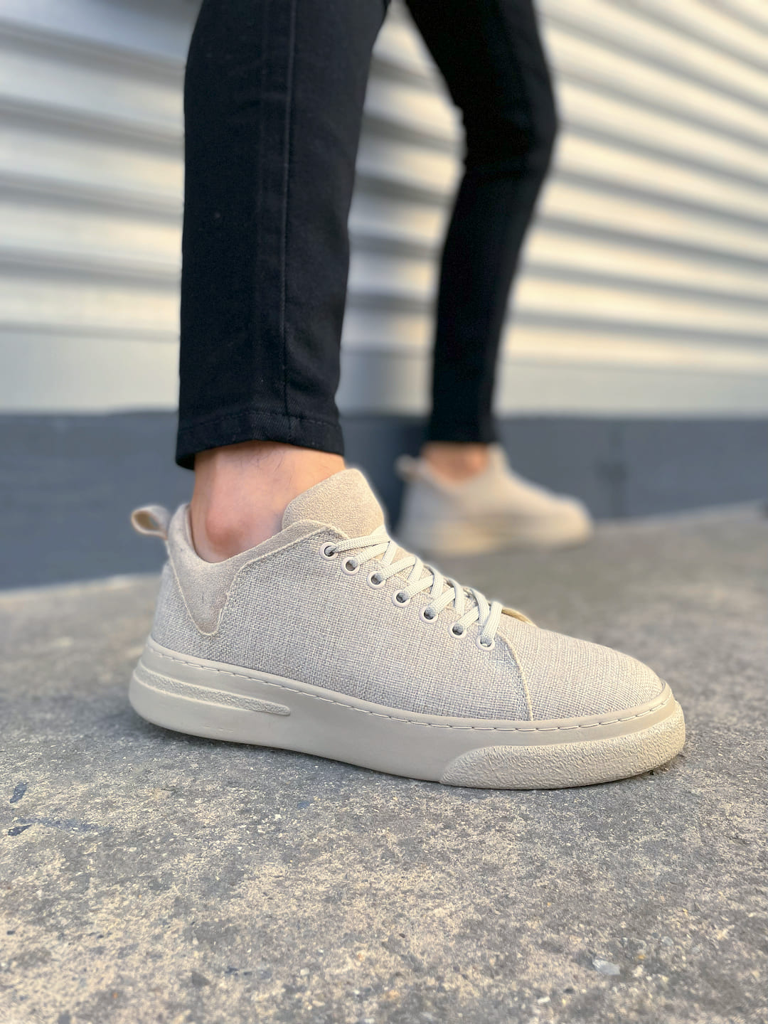 JY204 Flex Bağcıklı Keten Erkek Günlük Sneaker - Krem