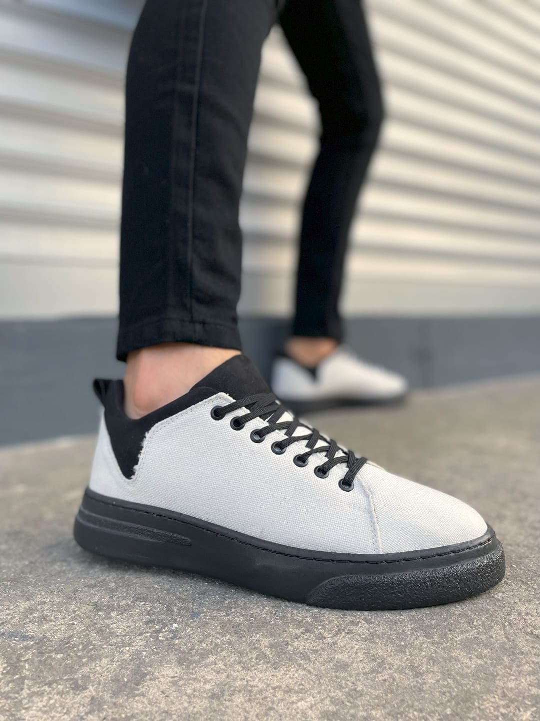 JY204 Flex Bağcıklı Keten Erkek Günlük Sneaker - Beyaz Siyah