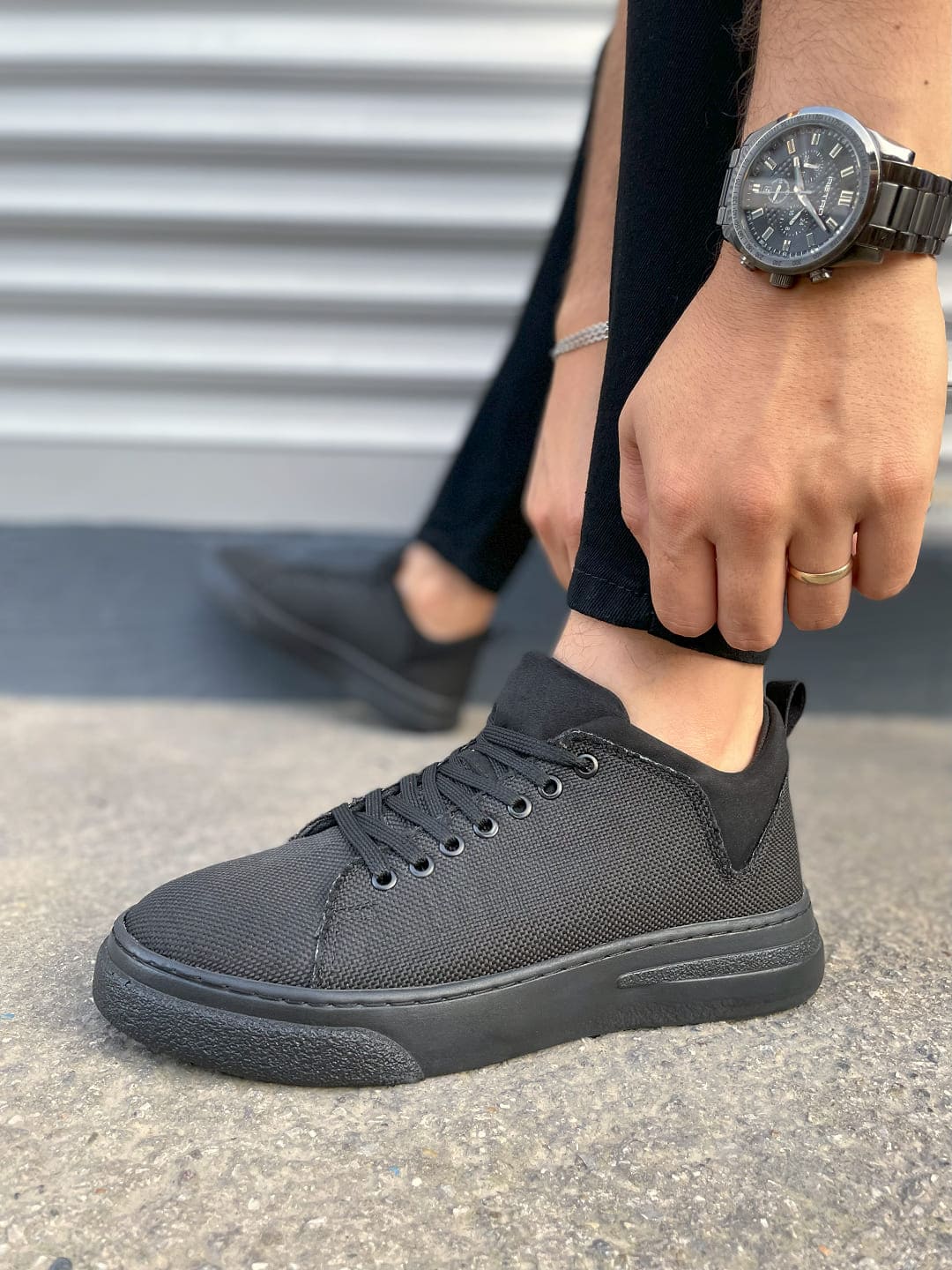 JY204 Flex Bağcıklı Keten Erkek Günlük Sneaker - Siyah