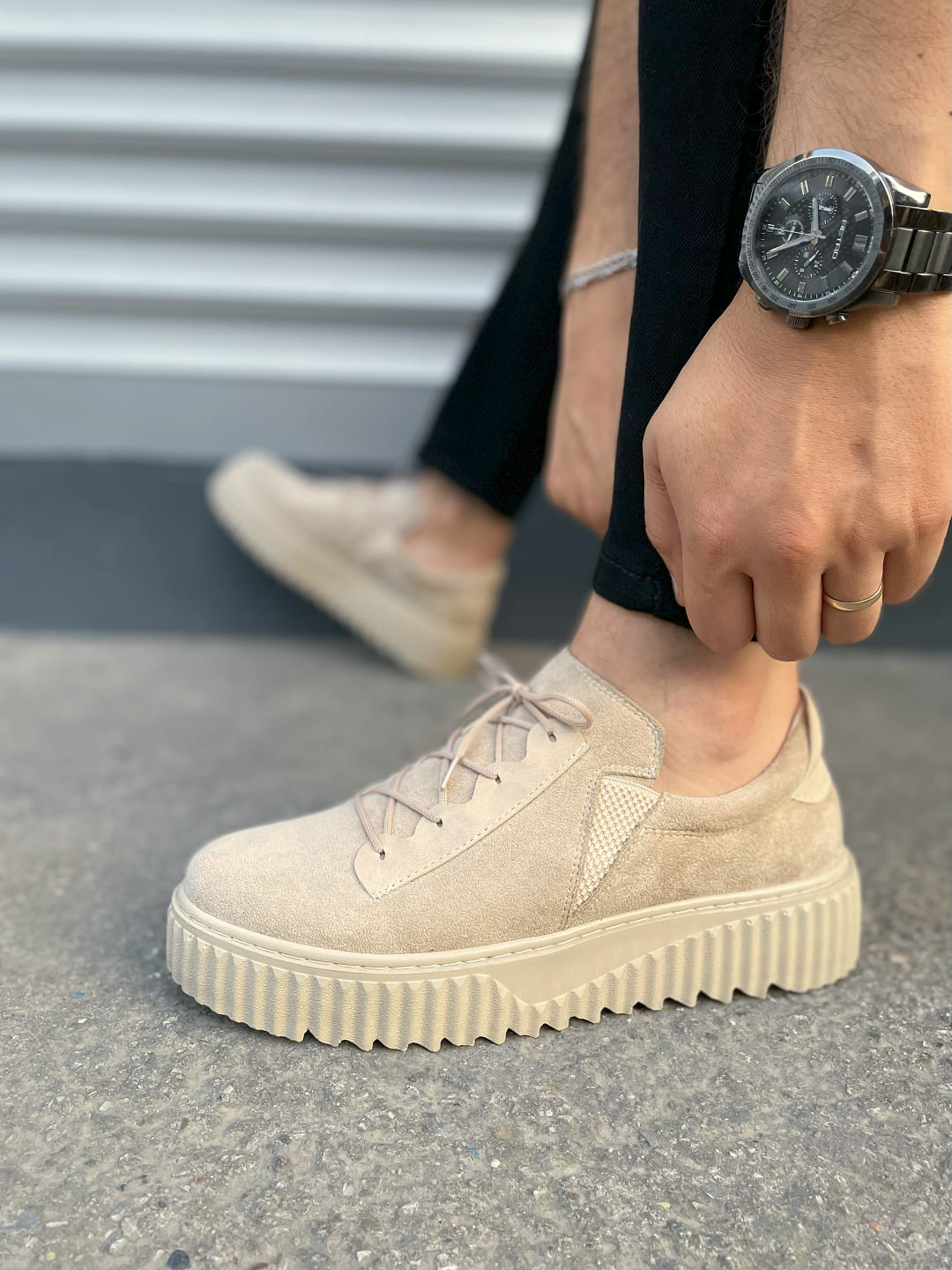 JY502 Bold Bağcıklı Erkek Sneaker - Süet Krem