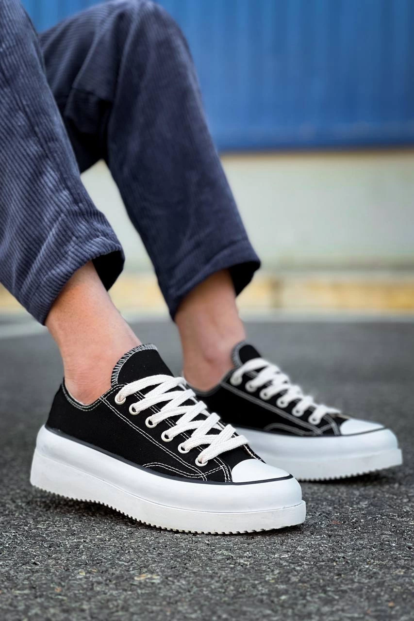 Jasko Kısa Siyah Beyaz Keten Yüksek Taban Erkek Spor Ayakkabı