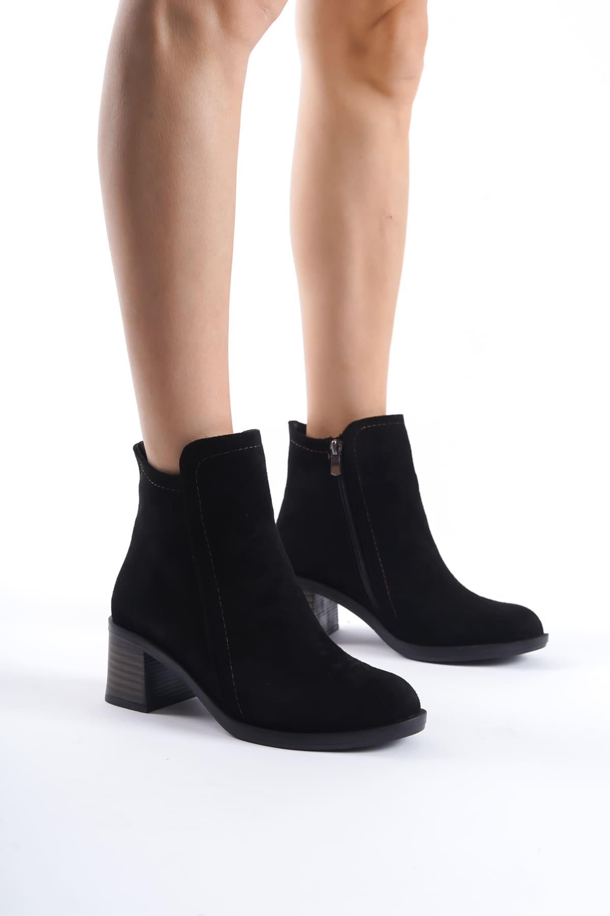 LARIO Zippered Orthopedic Sole Heeled Suede Women's Boots - Black