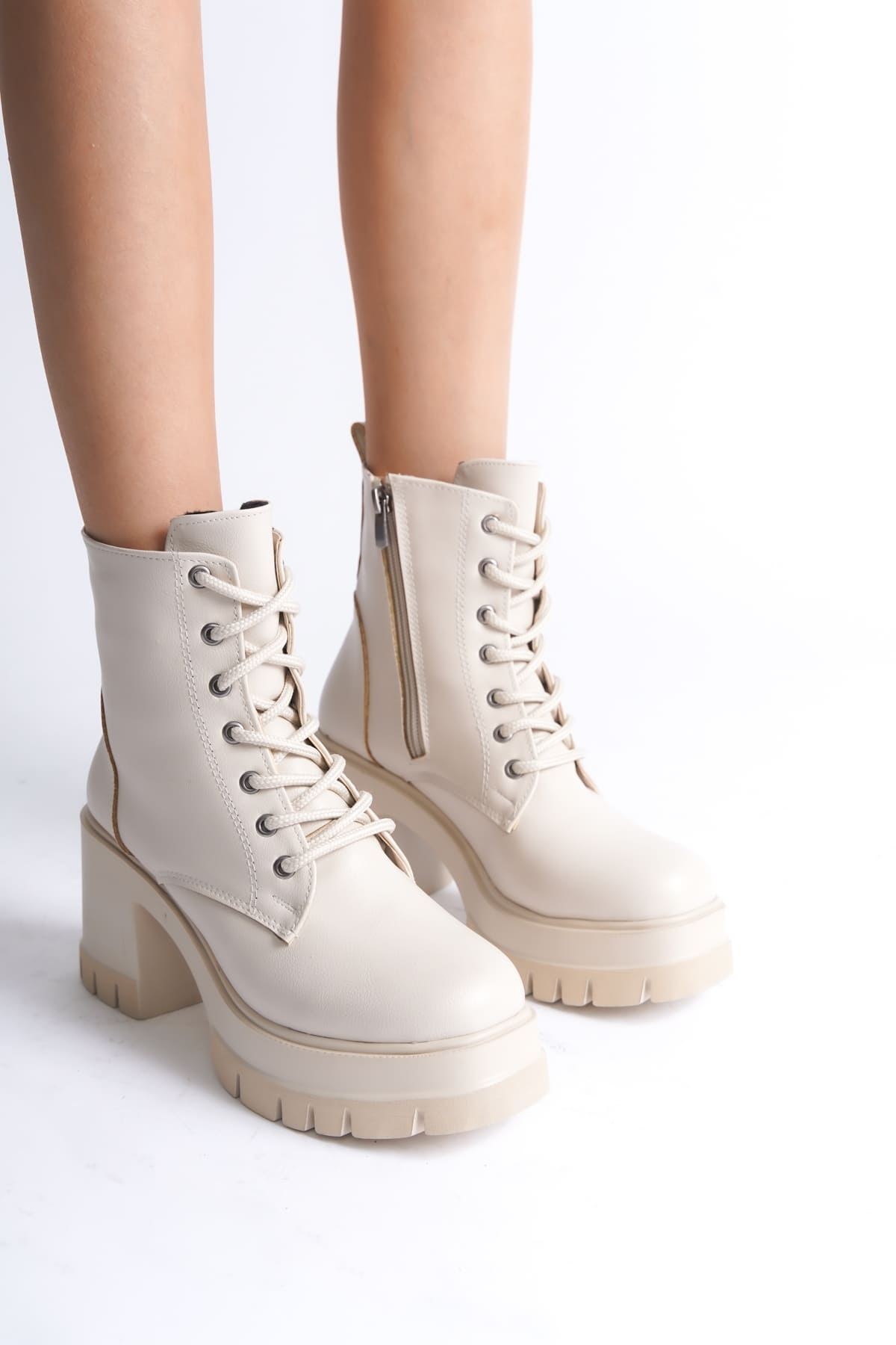 LAUREN Lace-Up Zippered Orthopedic Heeled Women's Cream Boots