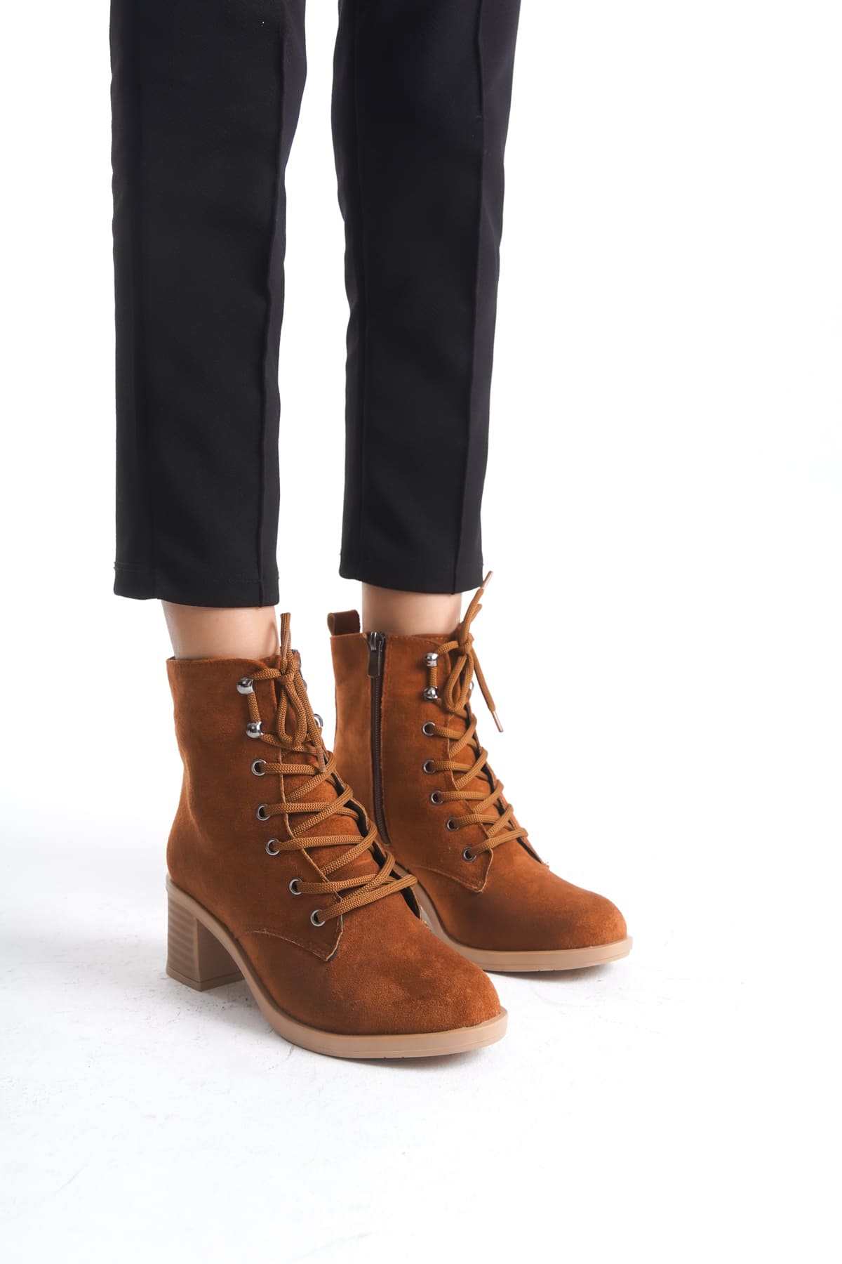 LENA Lace-Up Zippered Orthopedic Sole Heeled Women's Boots - Suede Tan