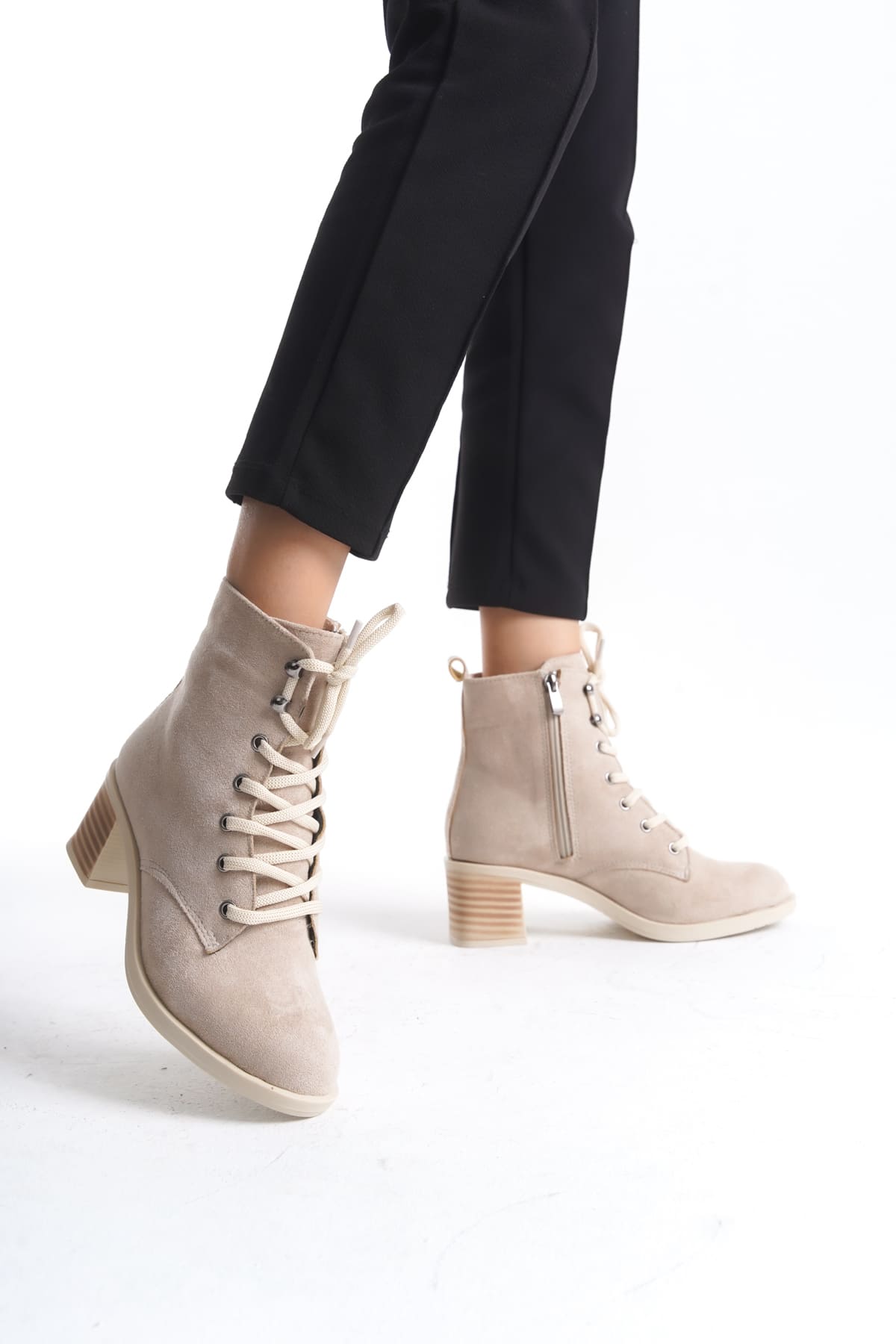 LENA Lace-Up Zippered Orthopedic Sole Heeled Women's Boots - Suede Skin