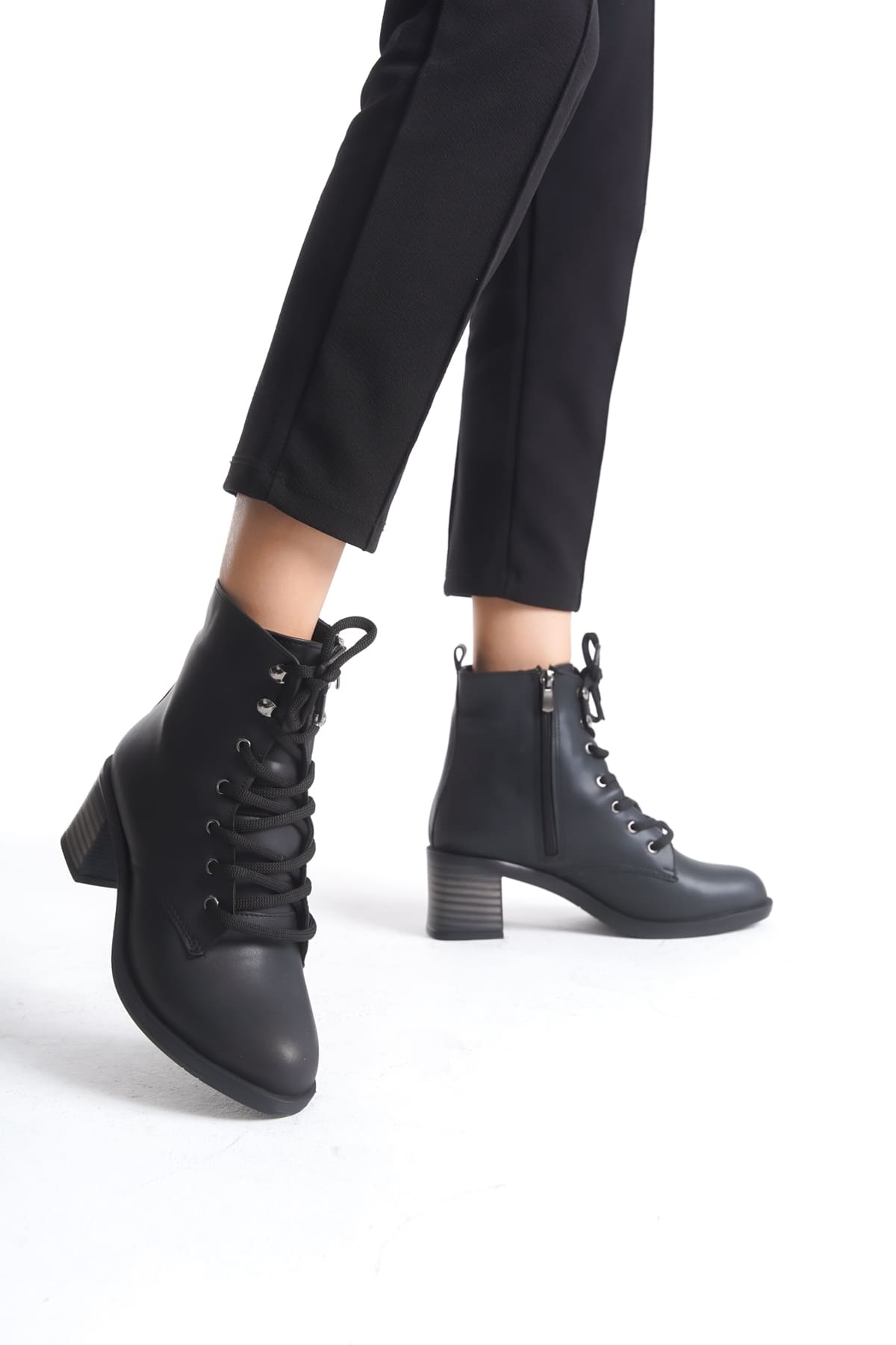 LENA Lace-Up Zippered Orthopedic Sole Heeled Women's Boots - Black