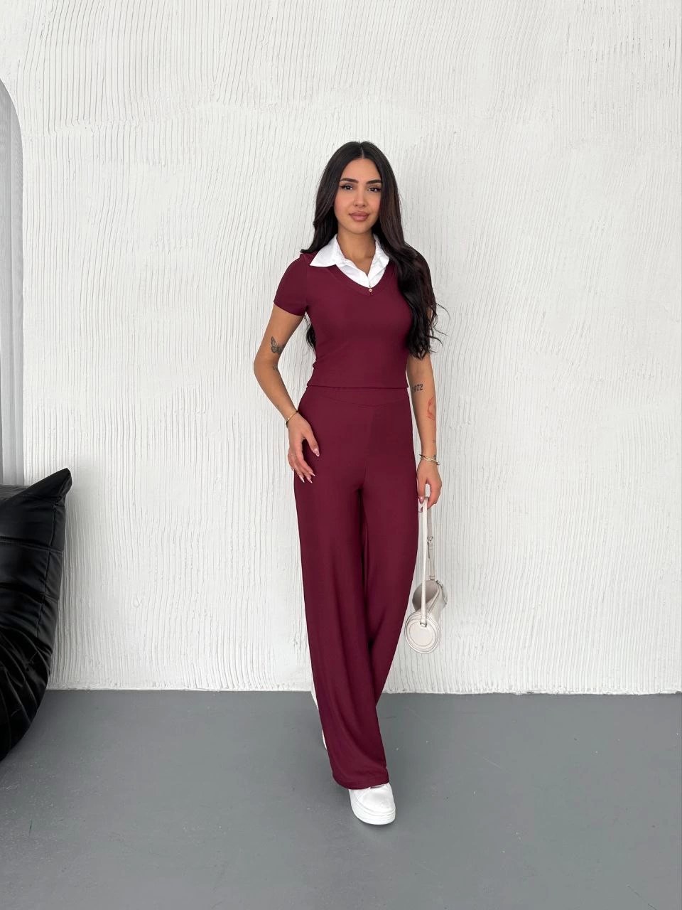 Ottoman Fabric White Shirt Collar Burgundy 2-Piece Set
