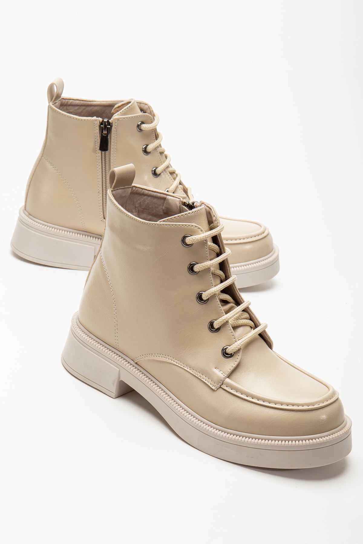 ZRİN-B-2001 Premium Bej Kırışık Rugan Bağcıklı Fermuarlı Kışlık Kadın Bot