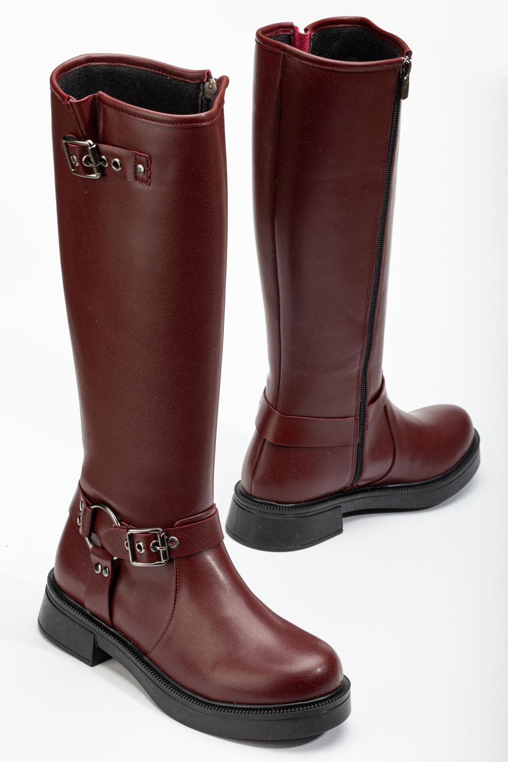 ZRİNX-312 Premium Bordo Toka Aksesuarlı Fermuarlı Günlük Kadın Çizme