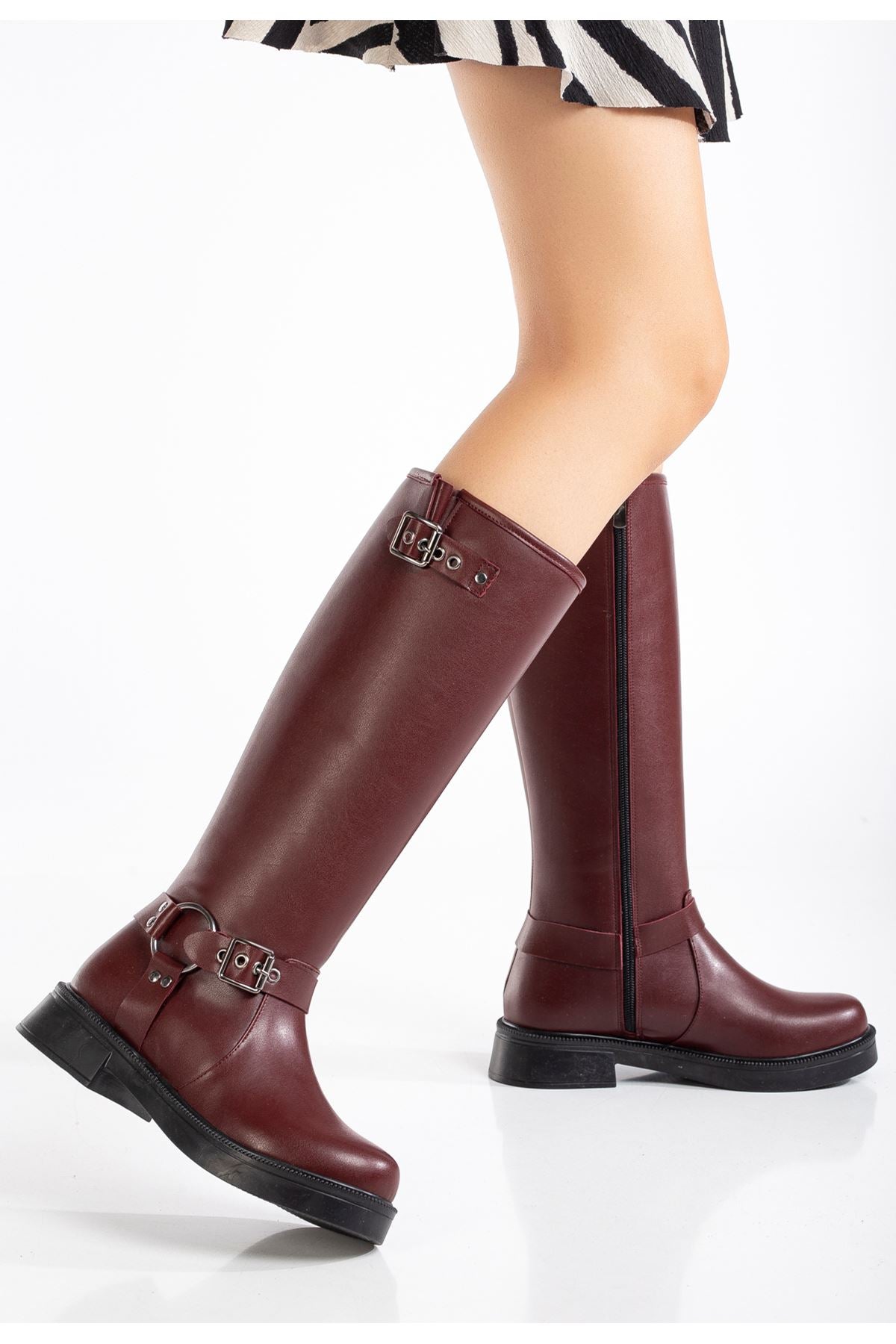 ZRİNX-312 Premium Bordo Toka Aksesuarlı Fermuarlı Günlük Kadın Çizme