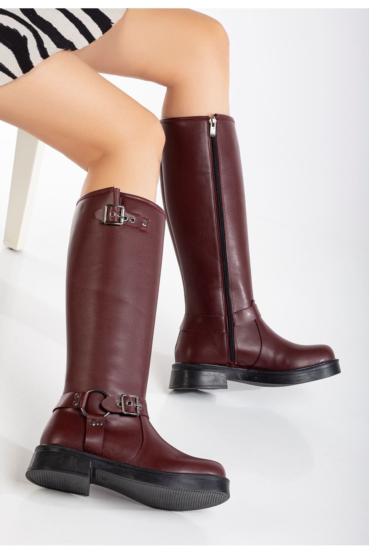 ZRİNX-312 Premium Bordo Toka Aksesuarlı Fermuarlı Günlük Kadın Çizme