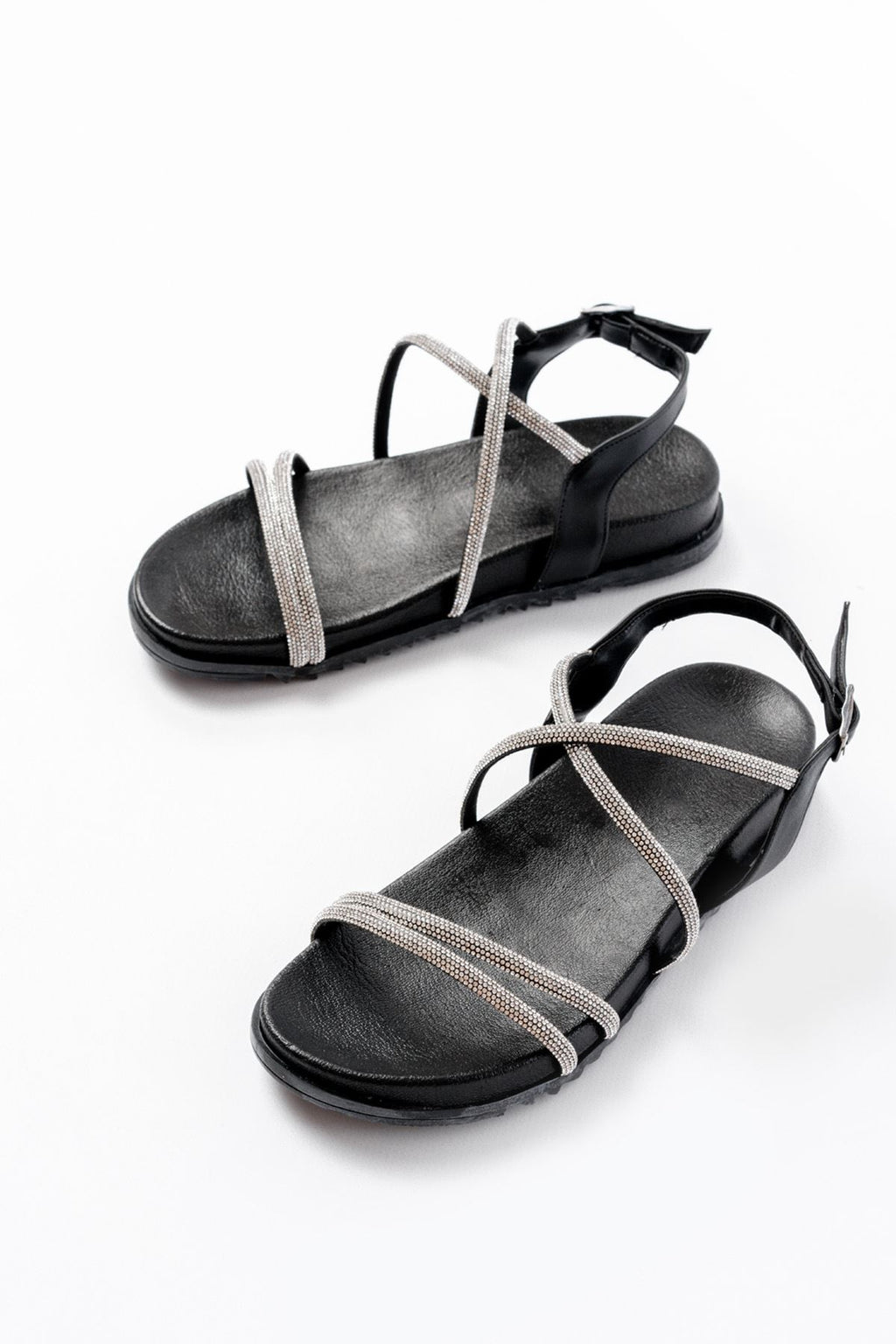 ZRİN-1001-1105 Premium Siyah Gümüş Taşlı Günlük Kadın Sandalet